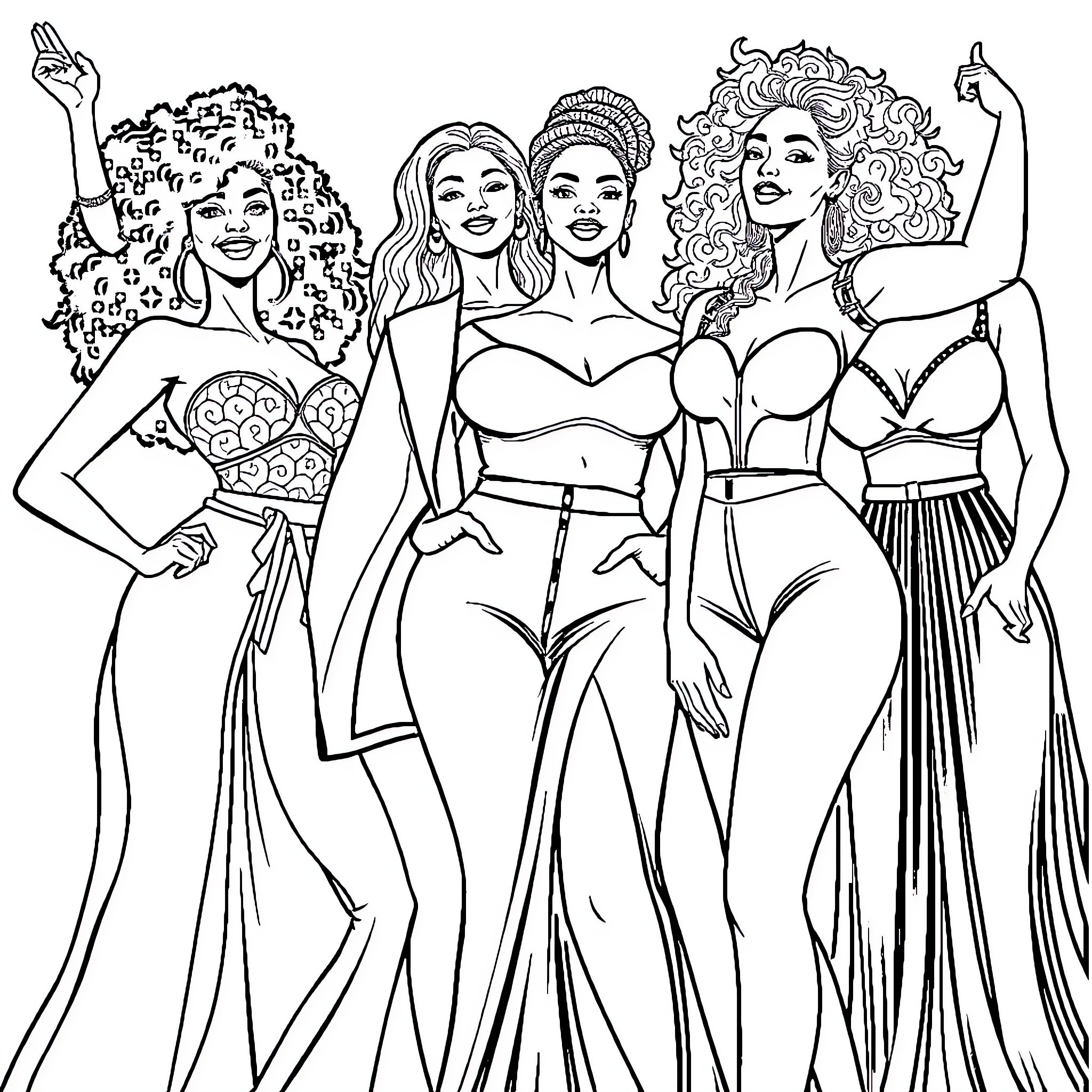 Women in stylish fashion posing confidently Coloring Page (free black-and-white line drawing printable PDF for all, from beginners to advanced learners, including children, teens, adults, and seniors)