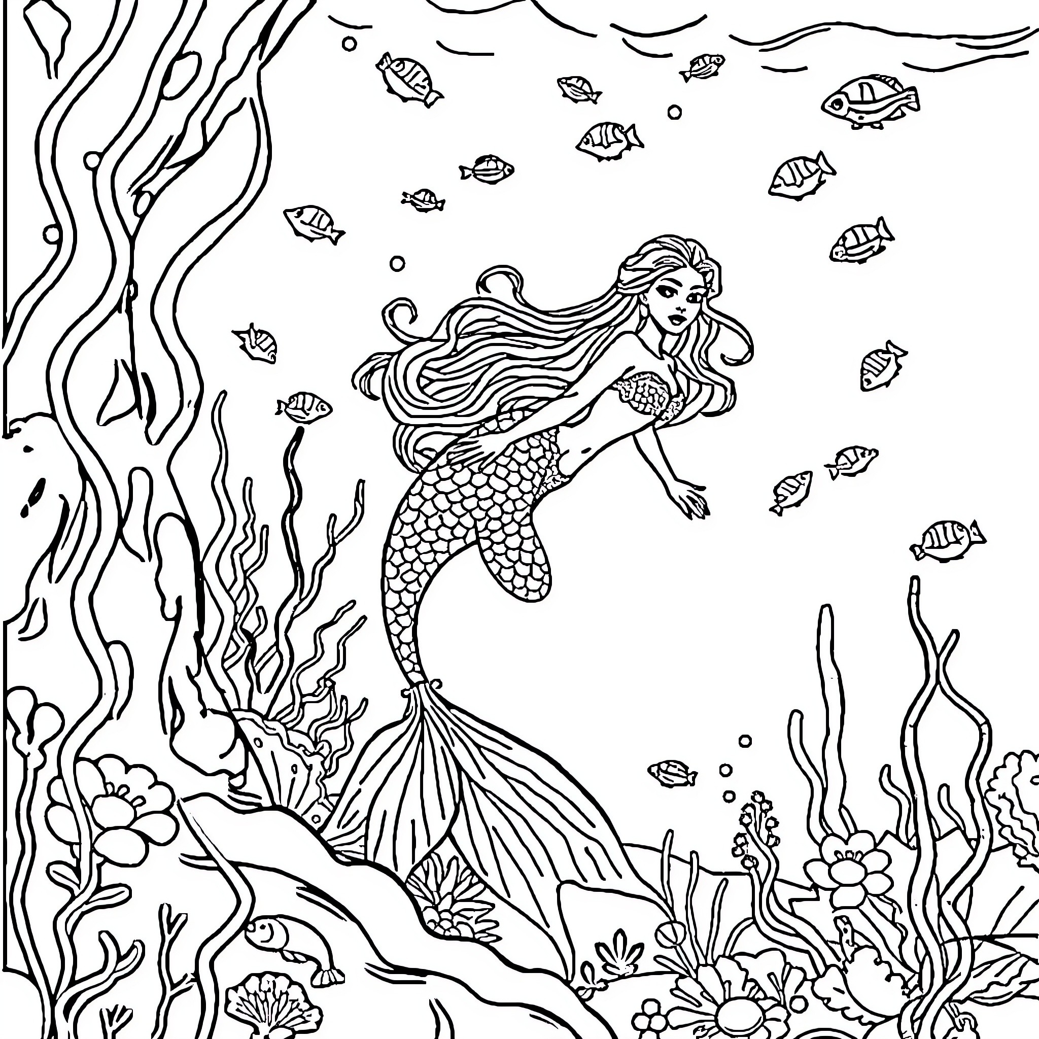 Mermaid exploring the vibrant underwater world Coloring Page (free black-and-white line drawing printable PDF for all, from beginners to advanced learners, including children, teens, adults, and seniors)