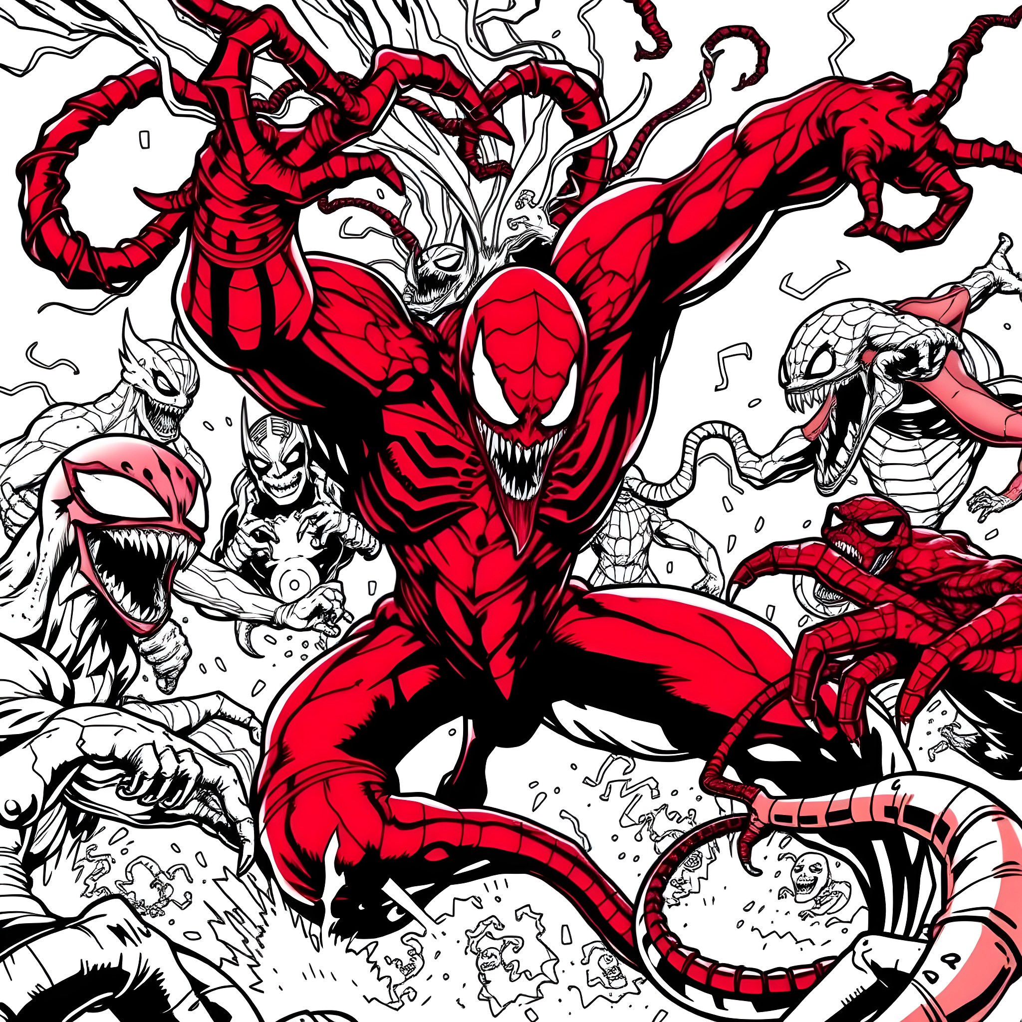 Carnage: The Symbiotic Chaos Coloring Page (free black-and-white line drawing printable PDF for all, from beginners to advanced learners, including children, teens, adults, and seniors)