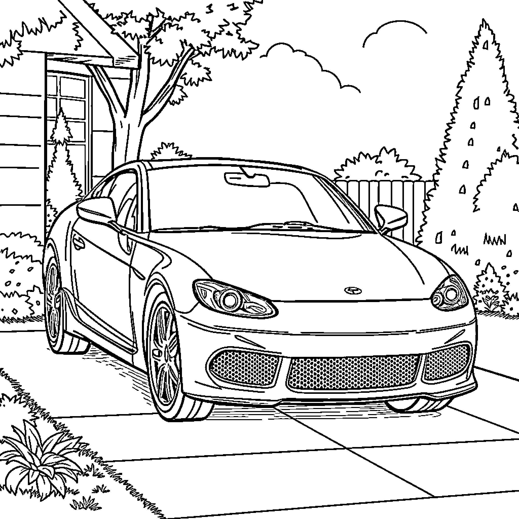 Car parked in scenic outdoor setting Coloring Page (free black-and-white line drawing printable PDF for all, from beginners to advanced learners, including children, teens, adults, and seniors)