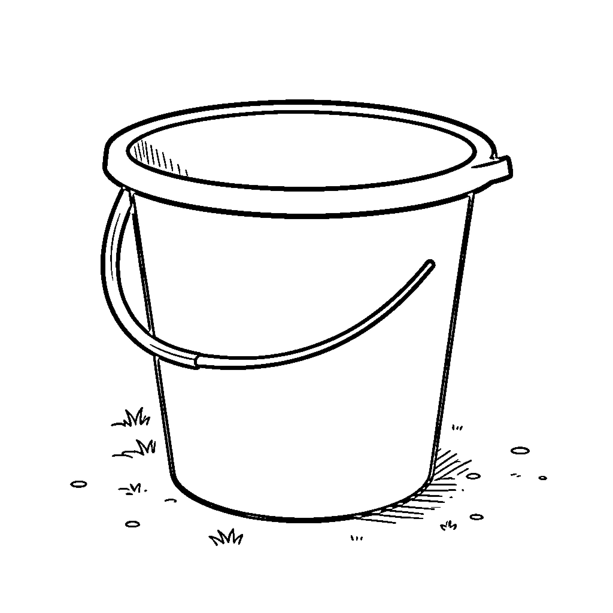 Bucket sitting on the ground in a field Coloring Page (free black-and-white line drawing printable PDF for all, from beginners to advanced learners, including children, teens, adults, and seniors)