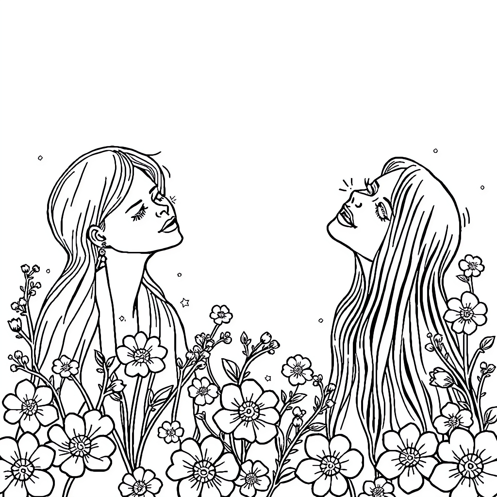 Vowels and Vibrant Flowers Coloring Page (free black-and-white line drawing printable PDF for all, from beginners to advanced learners, including children, teens, adults, and seniors)