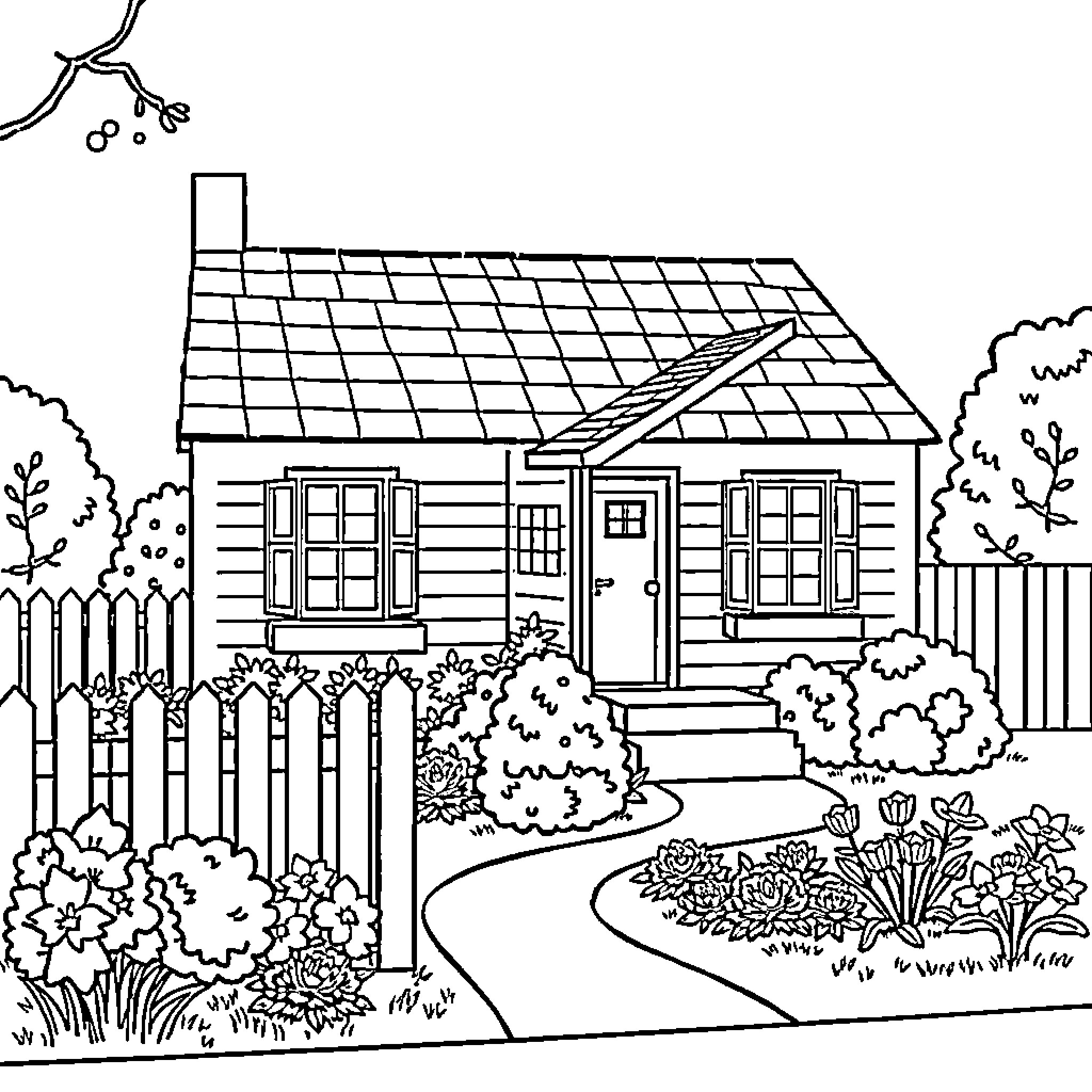House with a peaceful garden scene Coloring Page (free black-and-white line drawing printable PDF for all, from beginners to advanced learners, including children, teens, adults, and seniors)