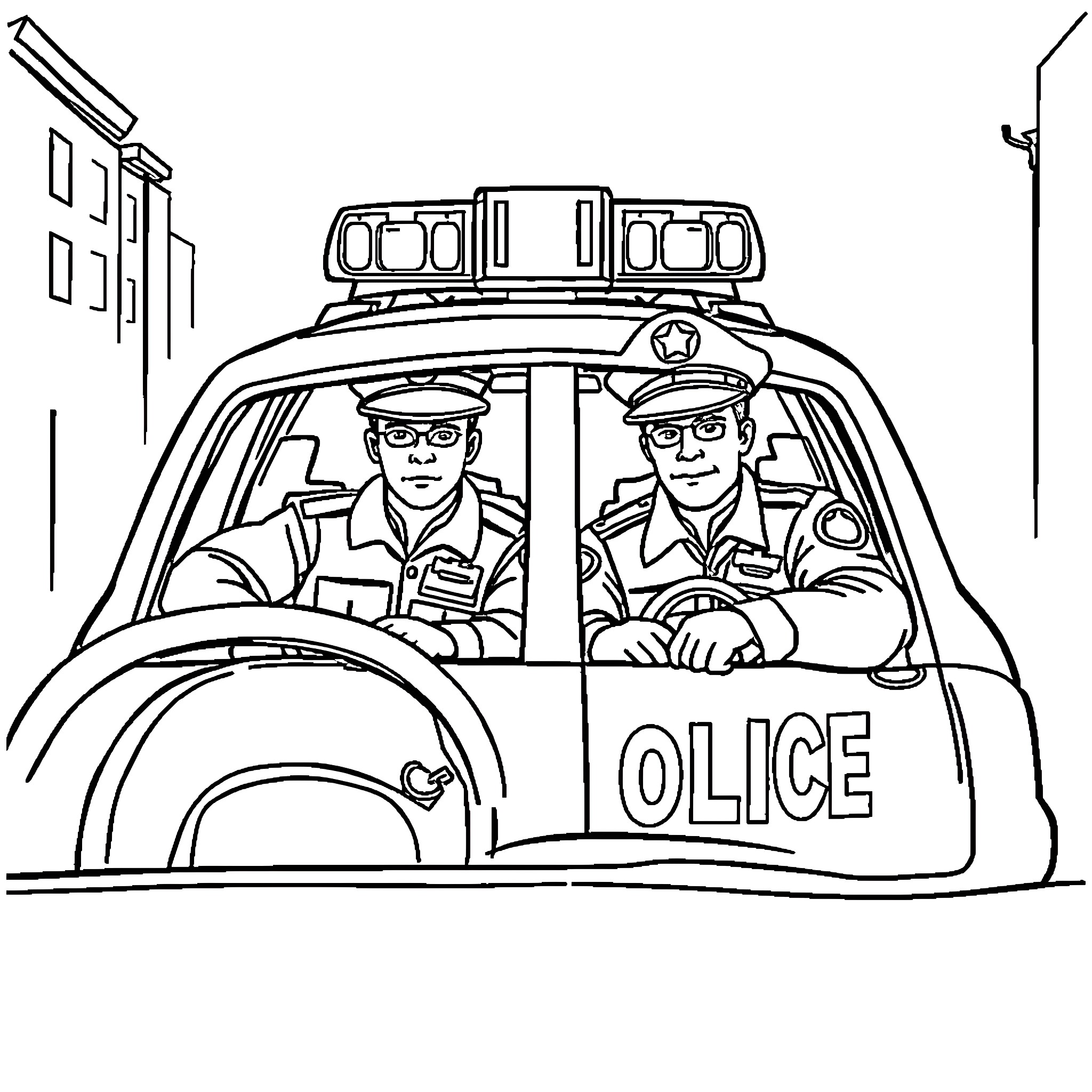 Police officers in a patrol car on duty Coloring Page (free black-and-white line drawing printable PDF for all, from beginners to advanced learners, including children, teens, adults, and seniors)