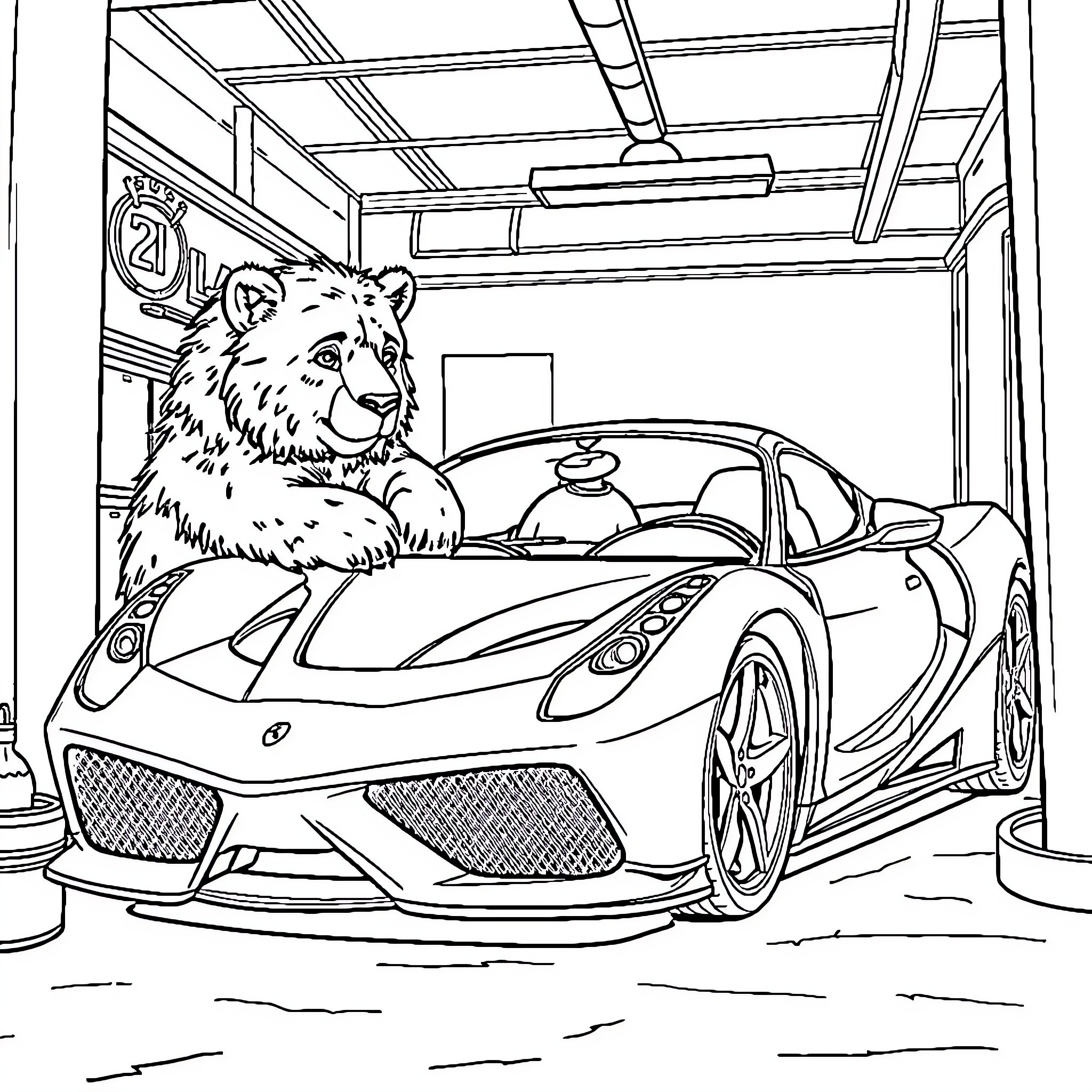 Bear driving a luxury sports car in a garage Coloring Page (free black-and-white line drawing printable PDF for all, from beginners to advanced learners, including children, teens, adults, and seniors)