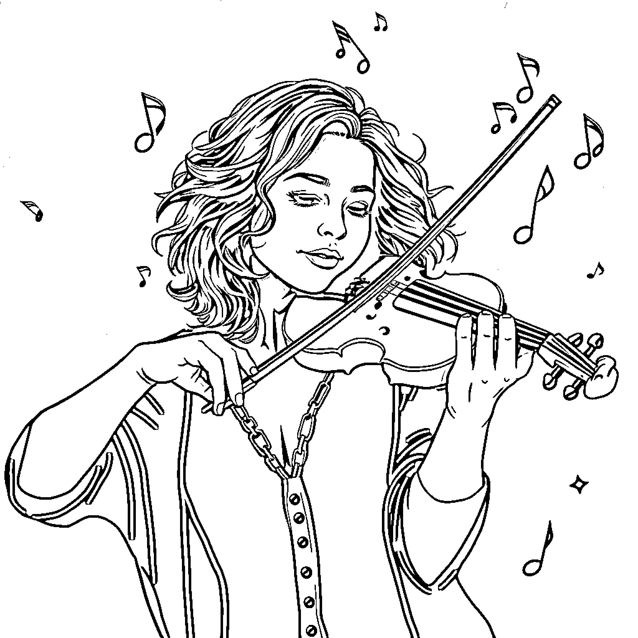 Lindsey Stirling playing the violin with musical notes Coloring Page (free black-and-white line drawing printable PDF for all, from beginners to advanced learners, including children, teens, adults, and seniors)