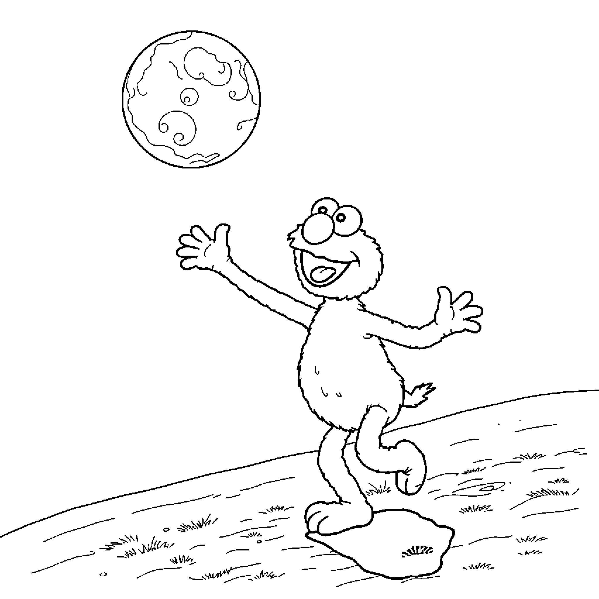 Elmo exploring the moon and stars Coloring Page (free black-and-white line drawing printable PDF for all, from beginners to advanced learners, including children, teens, adults, and seniors)