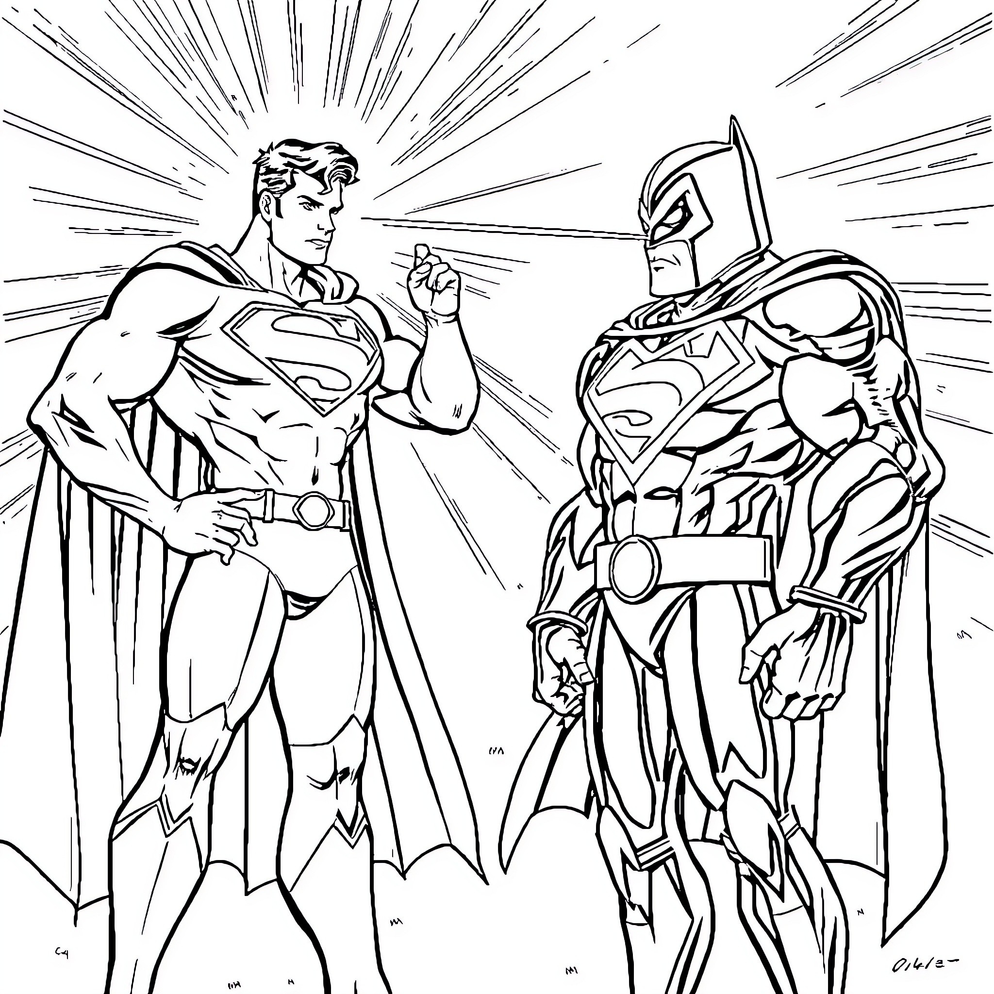 Superman confronting a heroic adversary Coloring Page (free black-and-white line drawing printable PDF for all, from beginners to advanced learners, including children, teens, adults, and seniors)