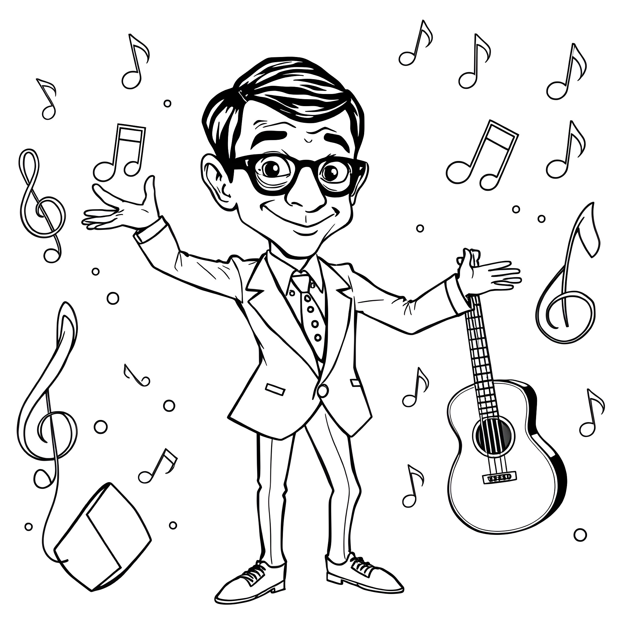 Mr Bean's Musical Performance Coloring Page (free black-and-white line drawing printable PDF for all, from beginners to advanced learners, including children, teens, adults, and seniors)