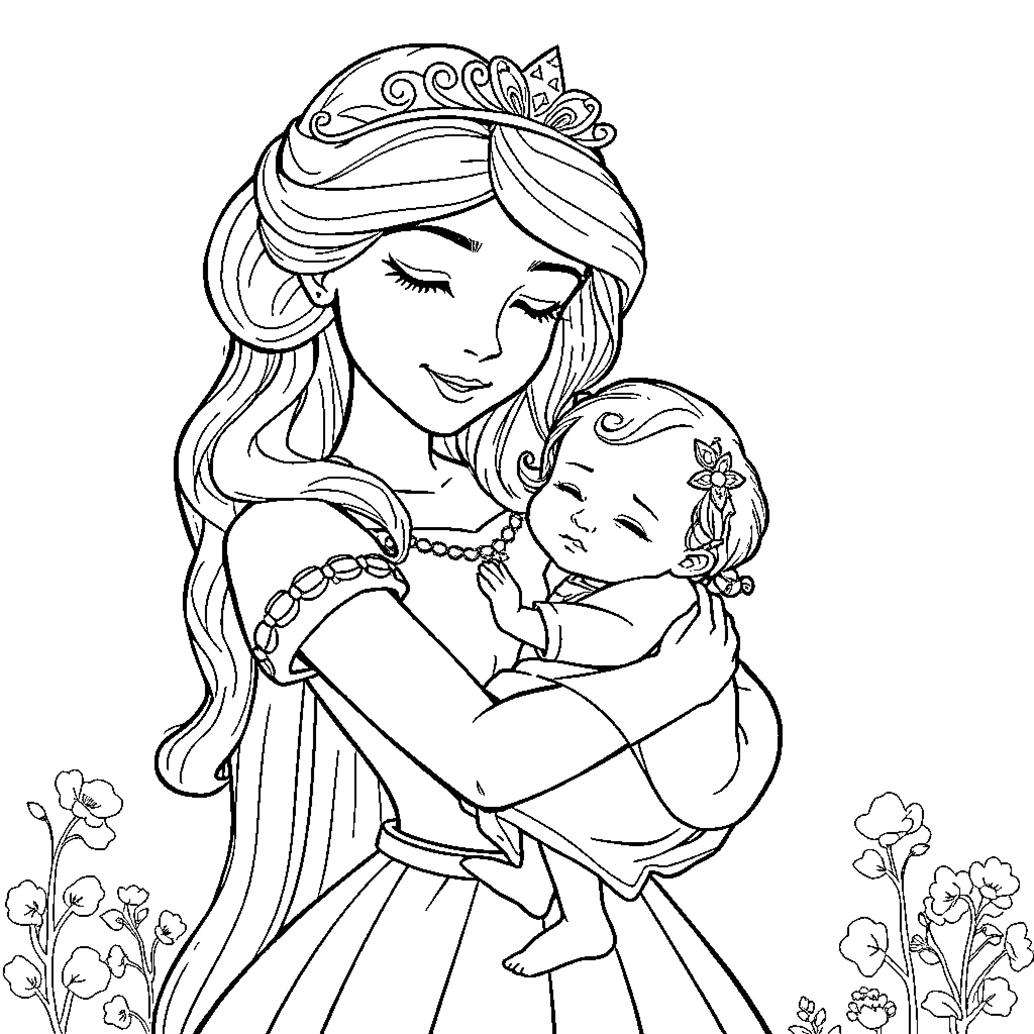 Princess holding a baby with affection Coloring Page (free black-and-white line drawing printable PDF for all, from beginners to advanced learners, including children, teens, adults, and seniors)