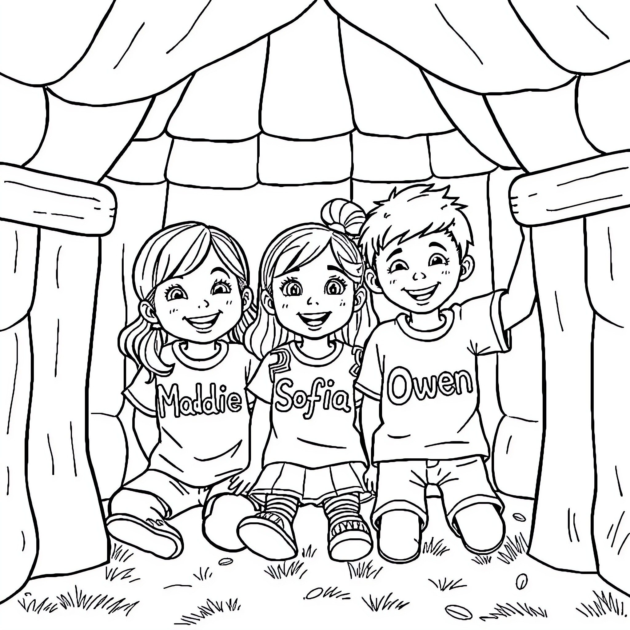 Children playing happily in a theatrical setting Coloring Page (free black-and-white line drawing printable PDF for all, from beginners to advanced learners, including children, teens, adults, and seniors)