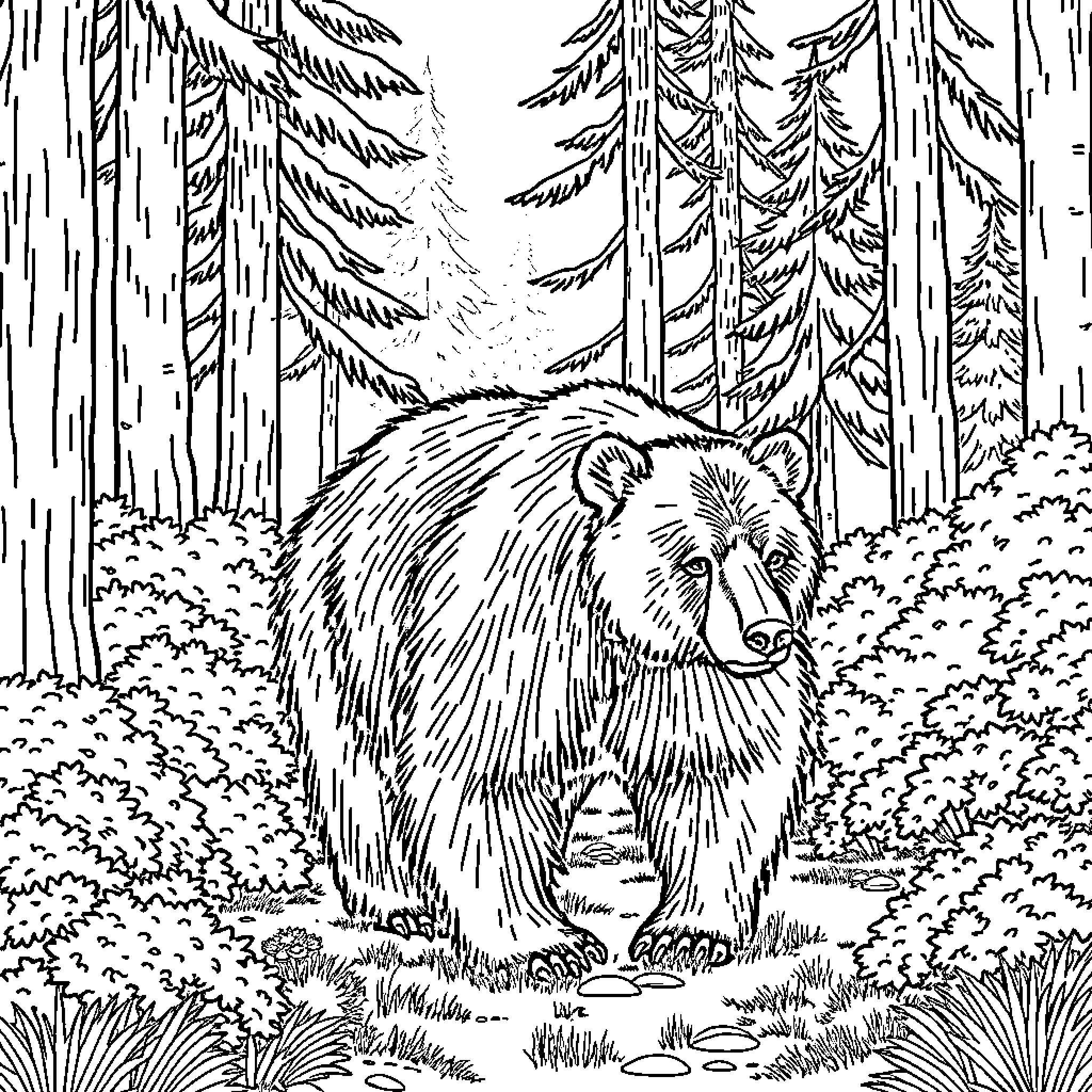 Bear exploring the dense forest Coloring Page (free black-and-white line drawing printable PDF for all, from beginners to advanced learners, including children, teens, adults, and seniors)
