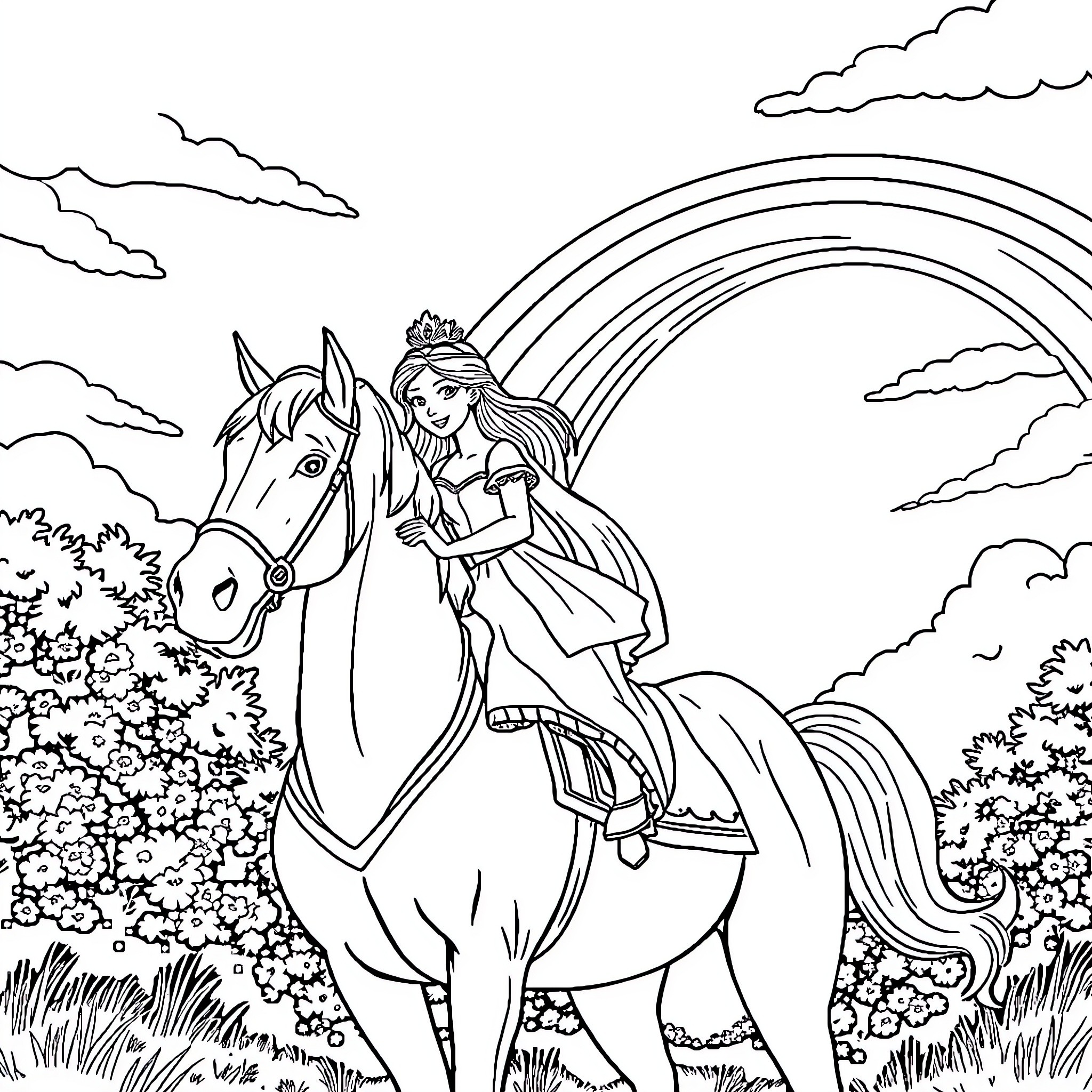 Princesse riding a horse with a rainbow in the sky Coloring Page (free black-and-white line drawing printable PDF for all, from beginners to advanced learners, including children, teens, adults, and seniors)