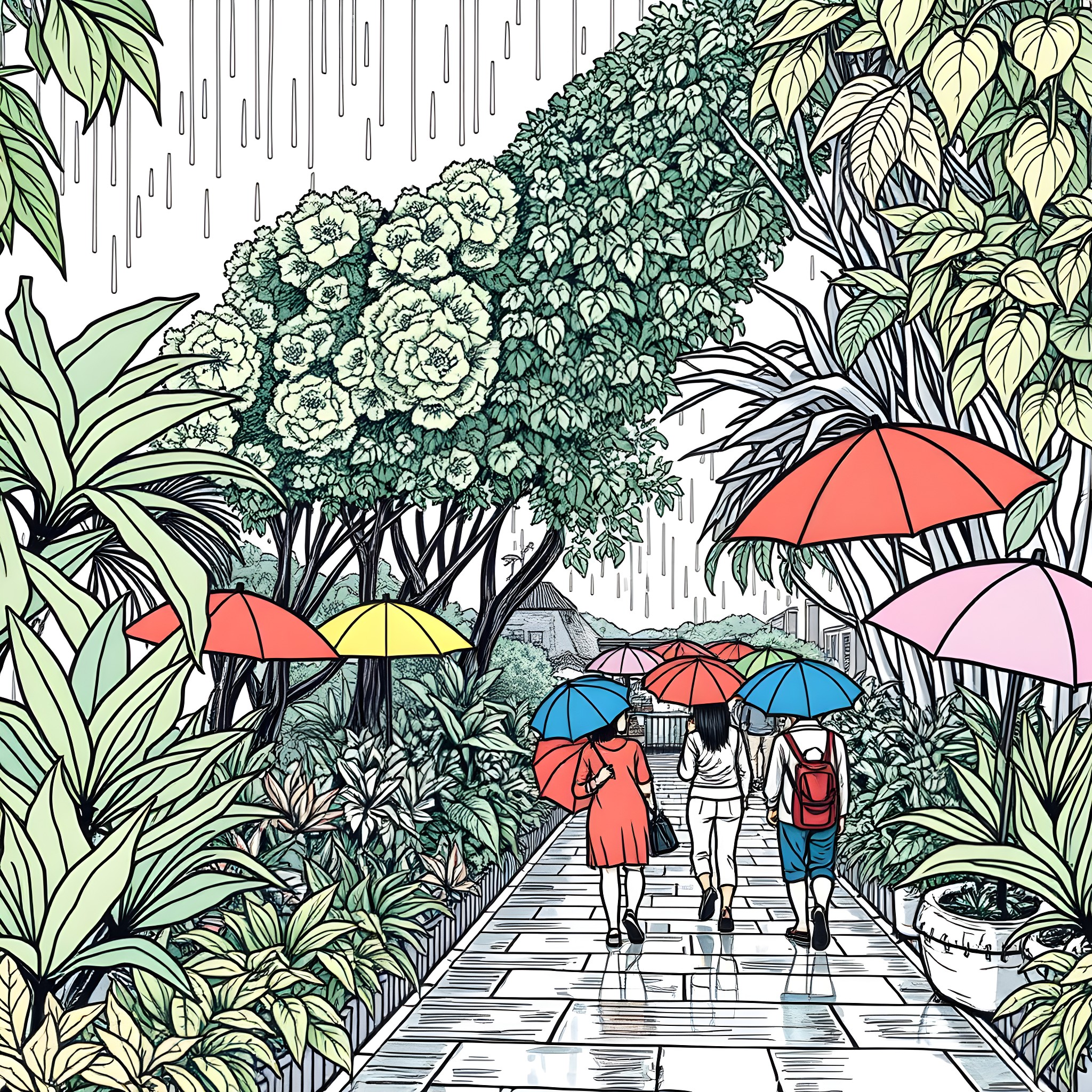 Suan Plu: Rainy day stroll through lush tropical garden Coloring Page (free black-and-white line drawing printable PDF for all, from beginners to advanced learners, including children, teens, adults, and seniors)