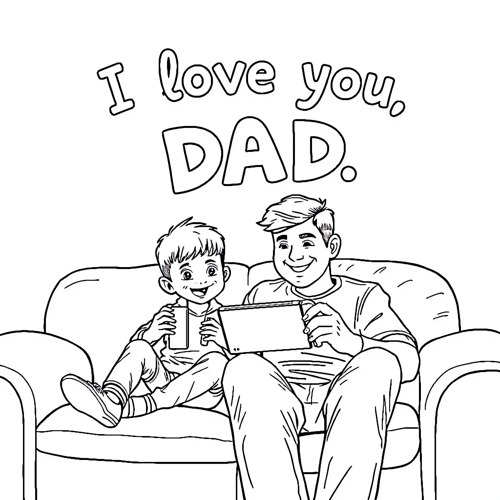 Boy bonding with loving father on Father's Day Coloring Page (free black-and-white line drawing printable PDF for all, from beginners to advanced learners, including children, teens, adults, and seniors)
