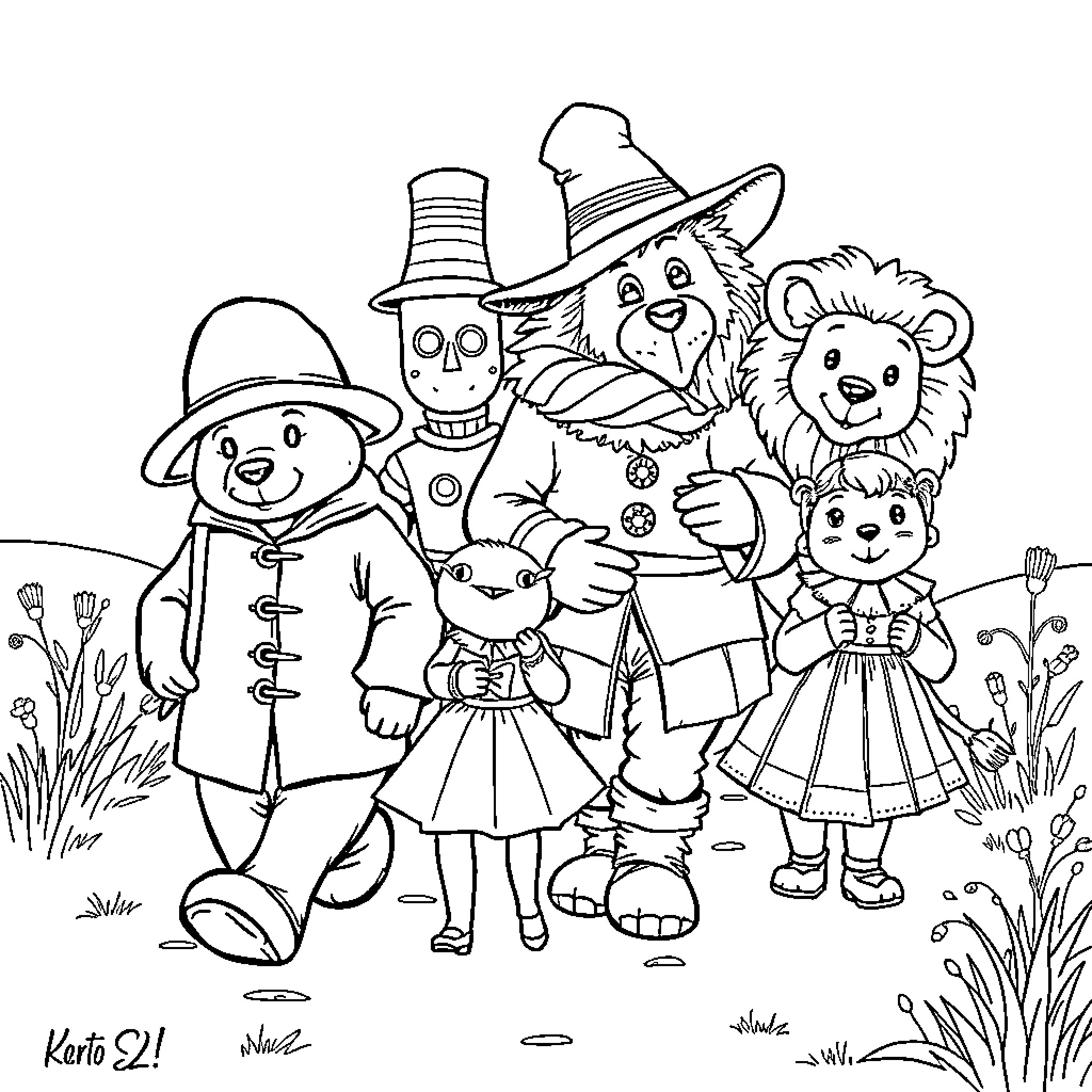 Paddington and friends in a whimsical scene Coloring Page (free black-and-white line drawing printable PDF for all, from beginners to advanced learners, including children, teens, adults, and seniors)