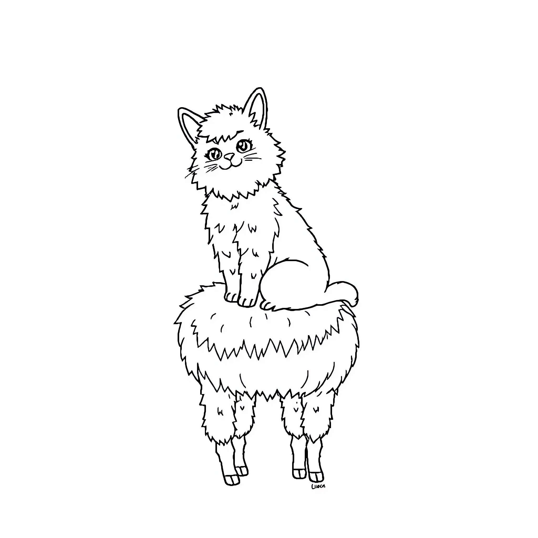 Cat as fluffy llama-like creature Coloring Page (free black-and-white line drawing printable PDF for all, from beginners to advanced learners, including children, teens, adults, and seniors)