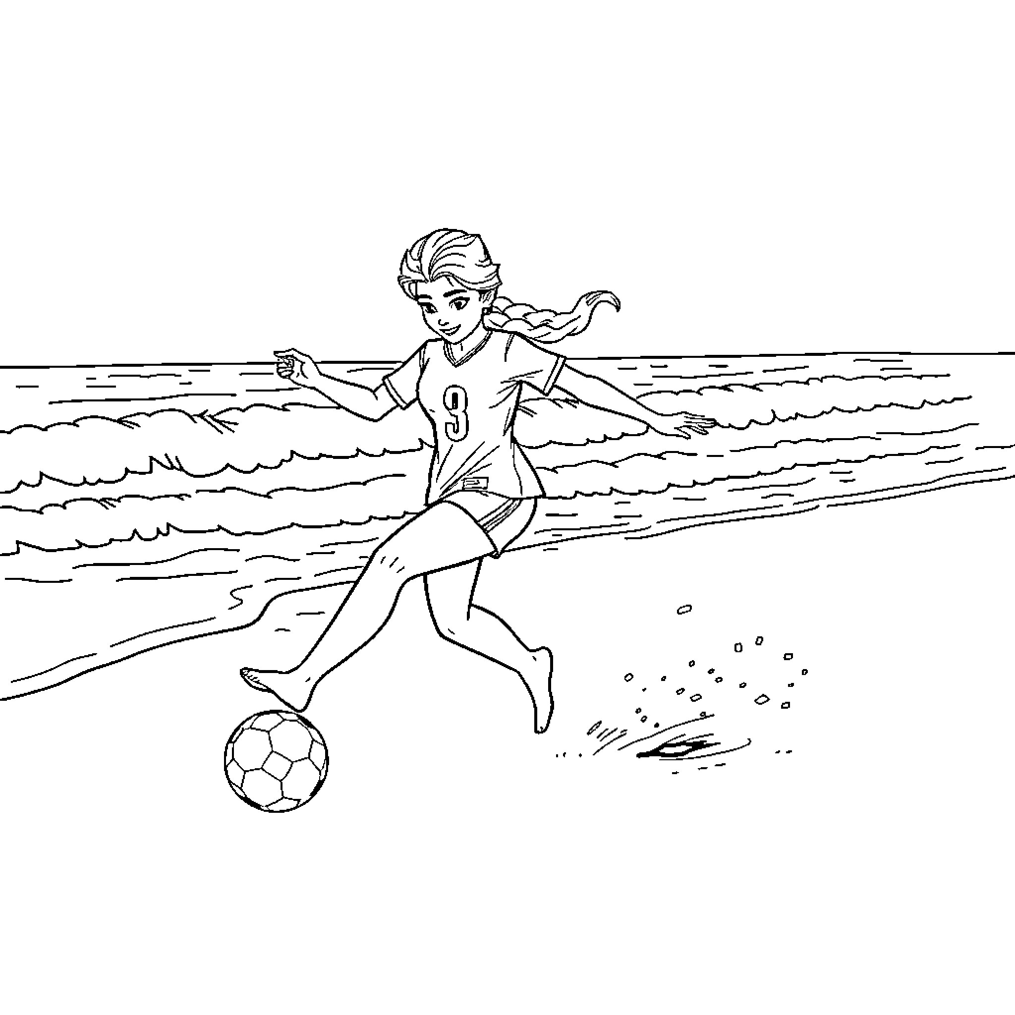 Elsa playing soccer on the beach Coloring Page (free black-and-white line drawing printable PDF for all, from beginners to advanced learners, including children, teens, adults, and seniors)