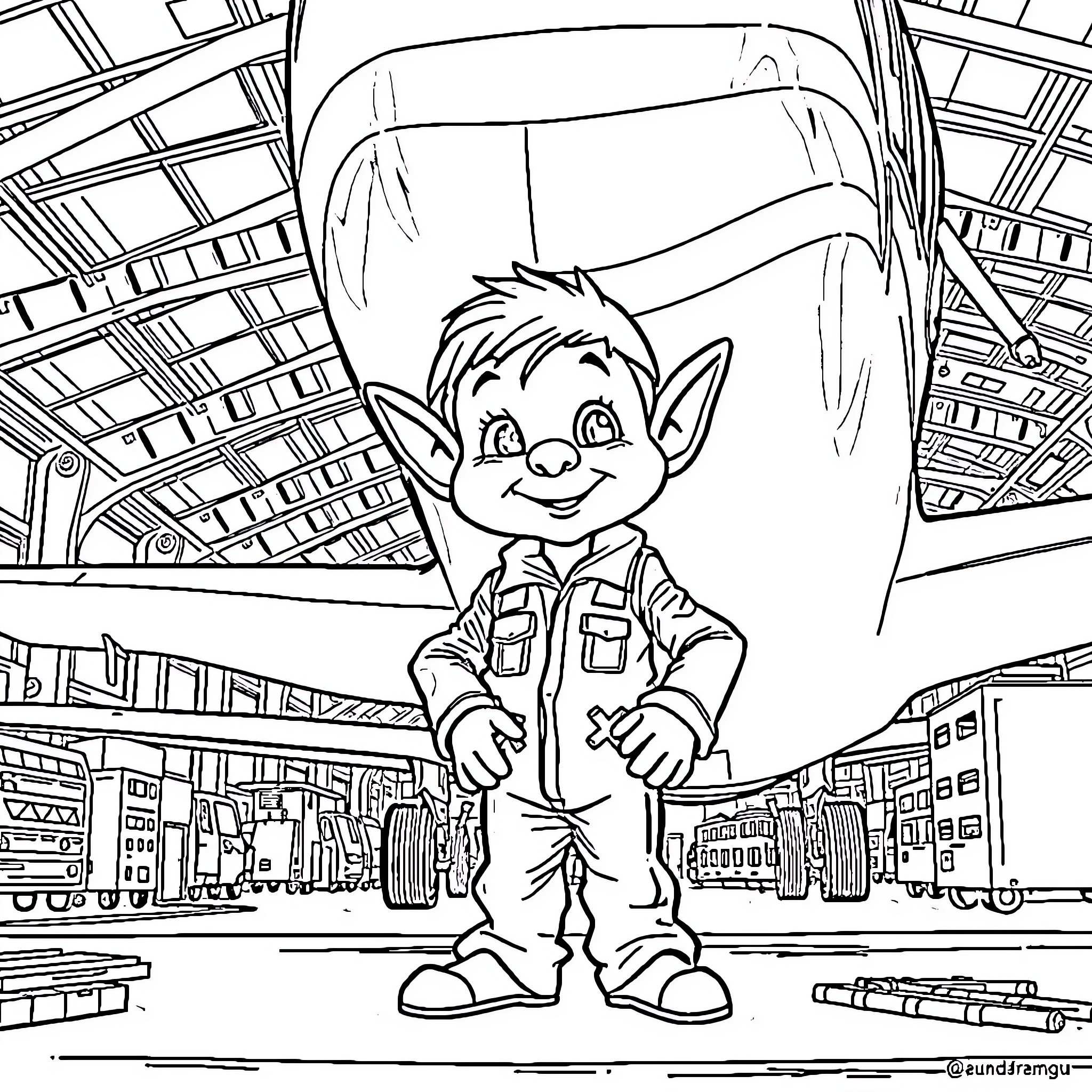 Keebler Elf exploring a warehouse with shelves Coloring Page (free black-and-white line drawing printable PDF for all, from beginners to advanced learners, including children, teens, adults, and seniors)