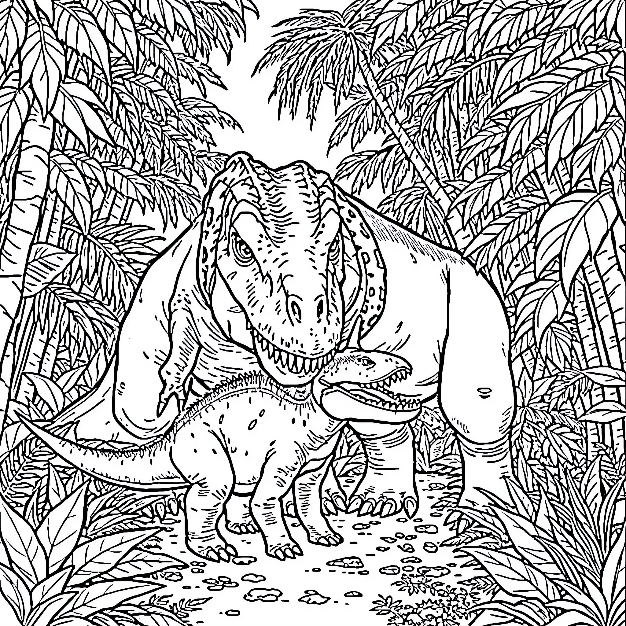 Dinosaur exploring the lush jungle landscape Coloring Page (free black-and-white line drawing printable PDF for all, from beginners to advanced learners, including children, teens, adults, and seniors)