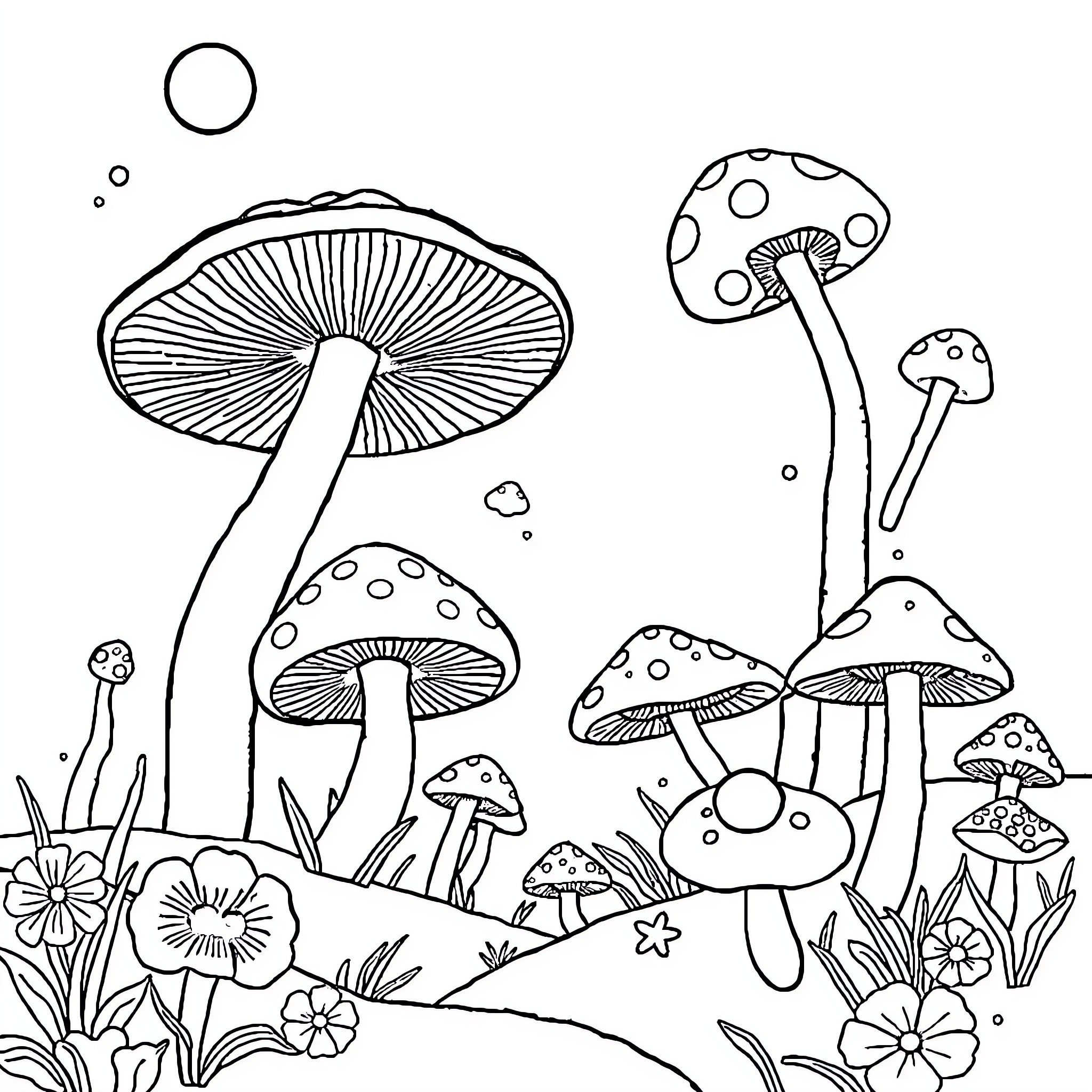 Mushroom Fairy Tale Garden with Colorful Fungi Coloring Page (free black-and-white line drawing printable PDF for all, from beginners to advanced learners, including children, teens, adults, and seniors)