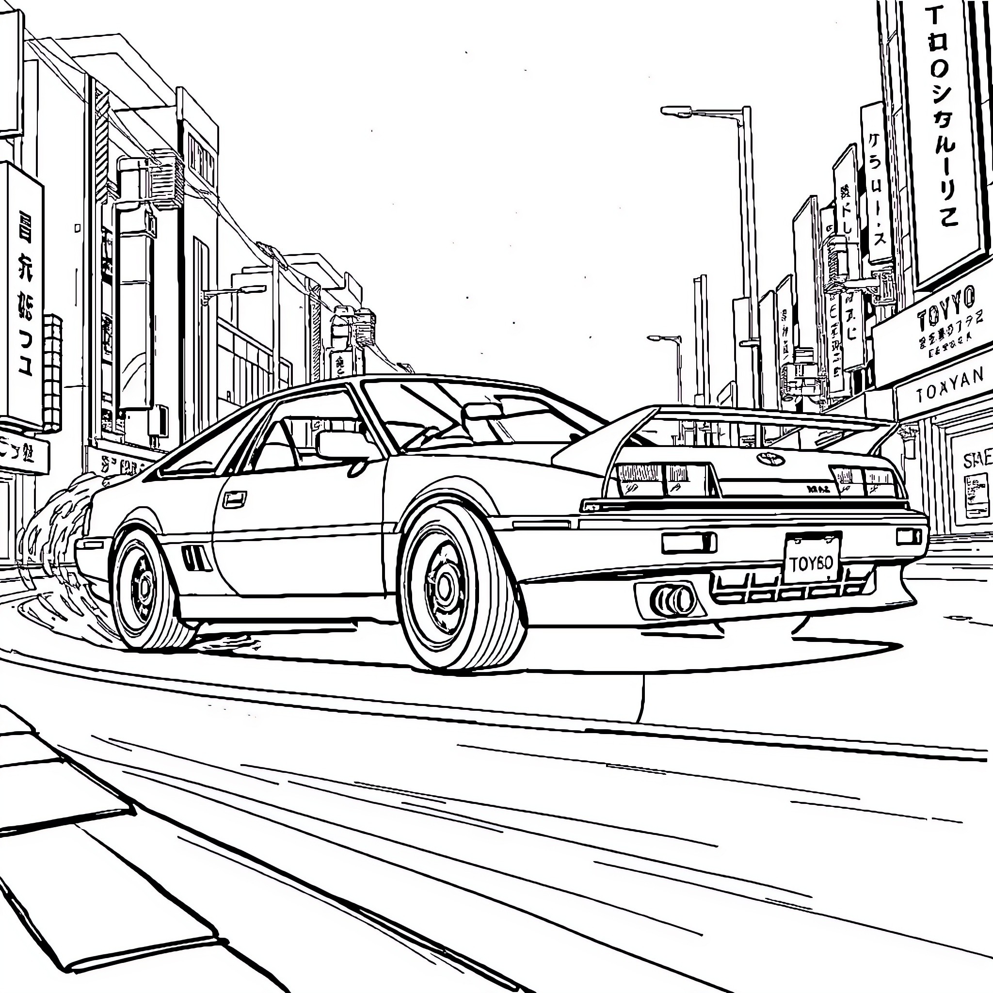 Toyota MR2 cruising through the city streets Coloring Page (free black-and-white line drawing printable PDF for all, from beginners to advanced learners, including children, teens, adults, and seniors)