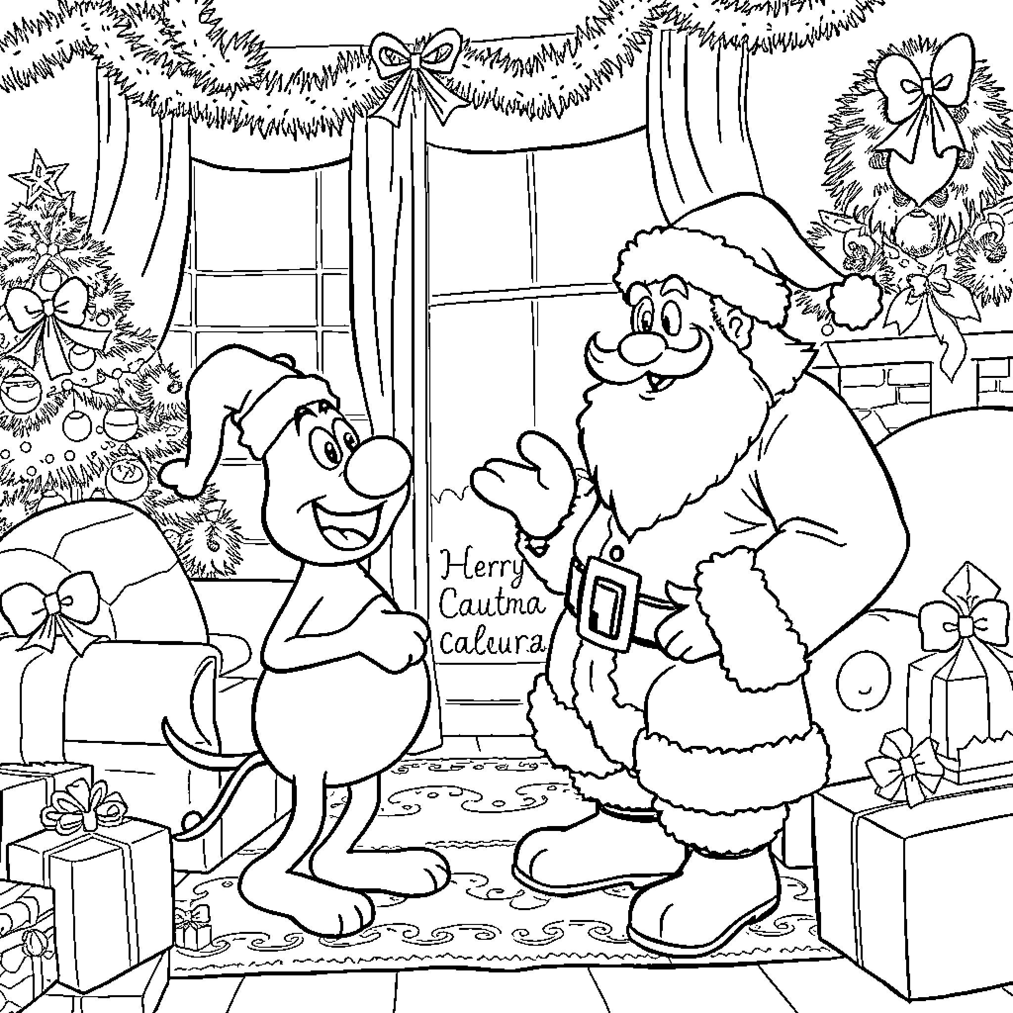 Alf Celebrates Christmas with Santa Coloring Page (free black-and-white line drawing printable PDF for all, from beginners to advanced learners, including children, teens, adults, and seniors)
