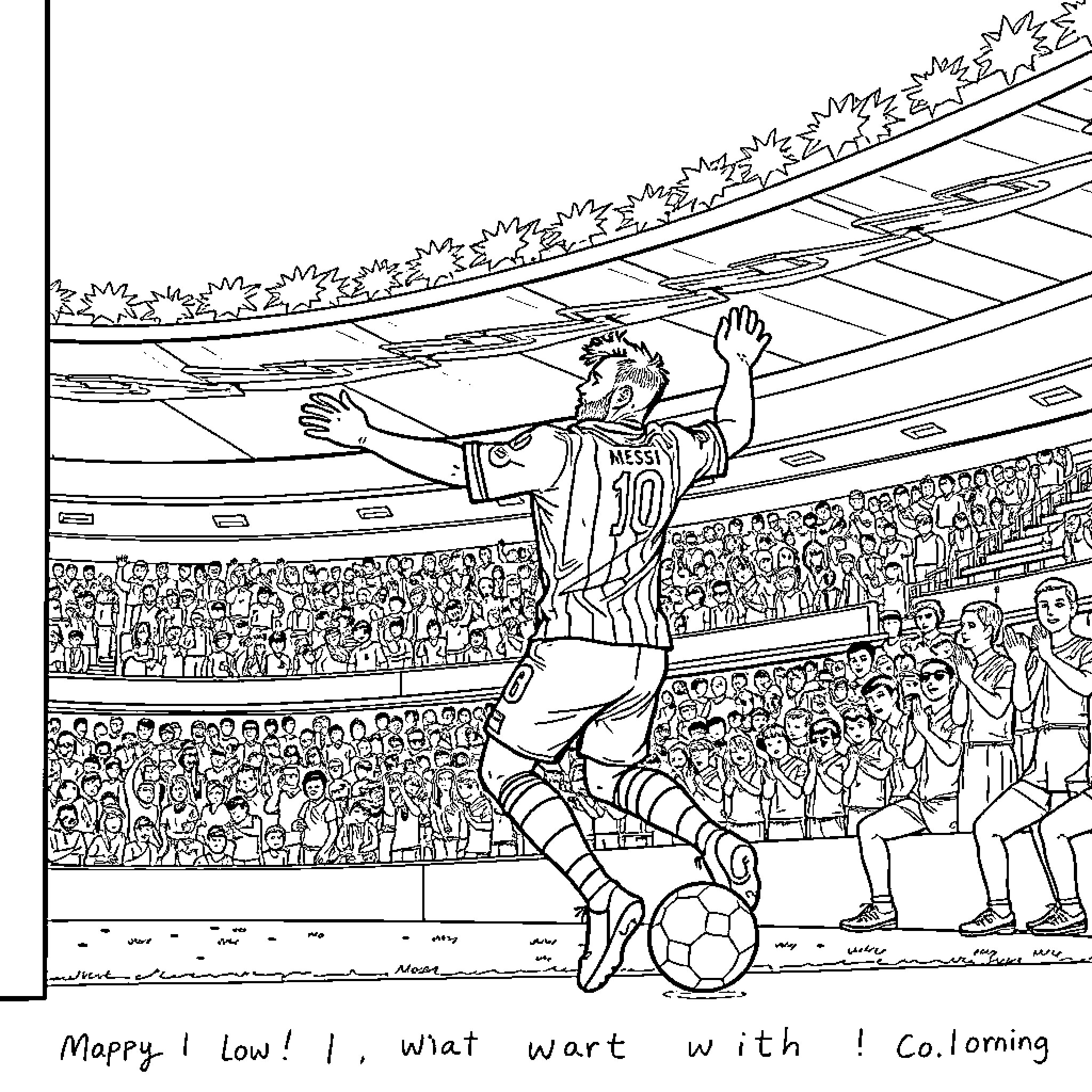 Messi celebrating a goal in a packed stadium Coloring Page (free black-and-white line drawing printable PDF for all, from beginners to advanced learners, including children, teens, adults, and seniors)