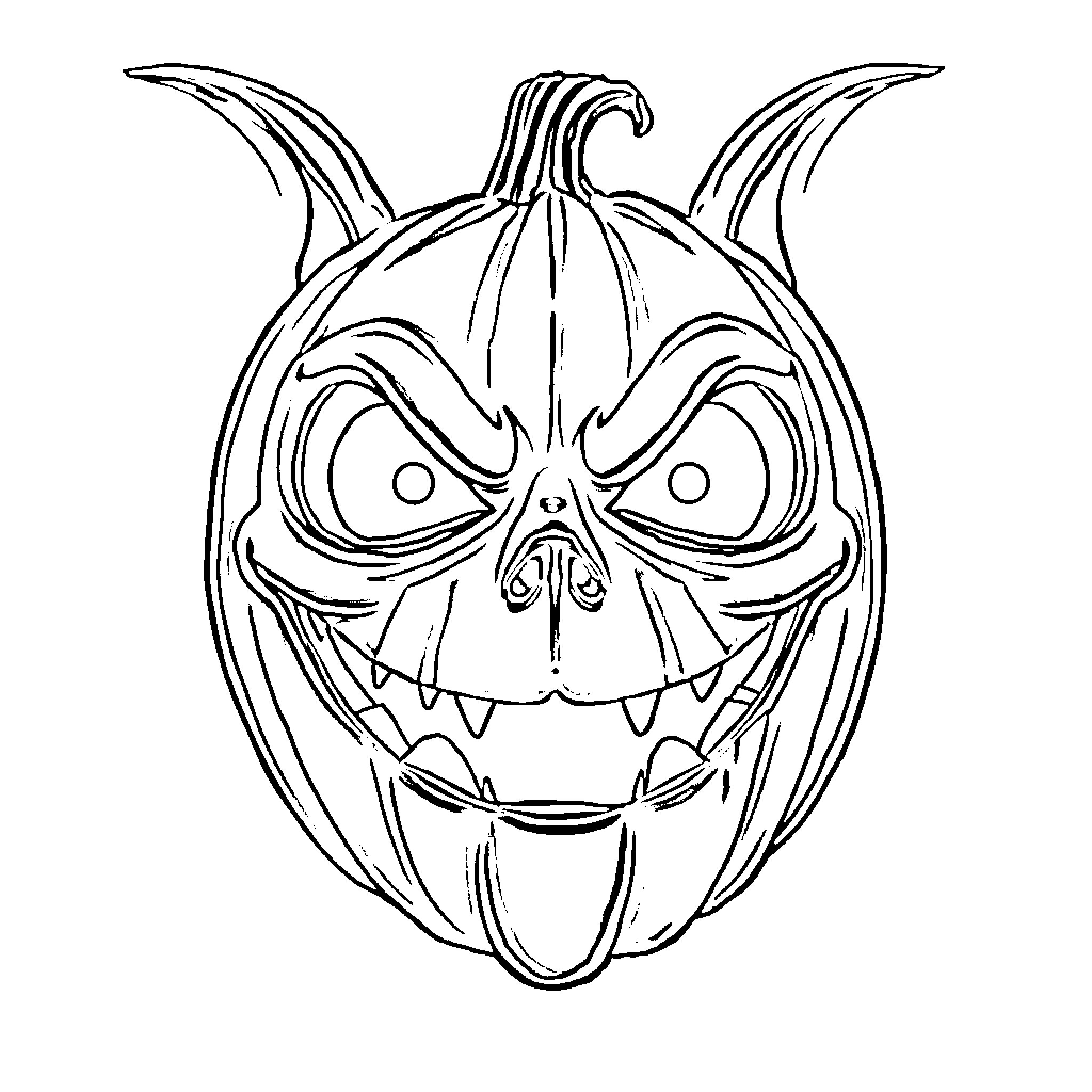 Pumpkin with Spooky Expression Coloring Page (free black-and-white line drawing printable PDF for all, from beginners to advanced learners, including children, teens, adults, and seniors)