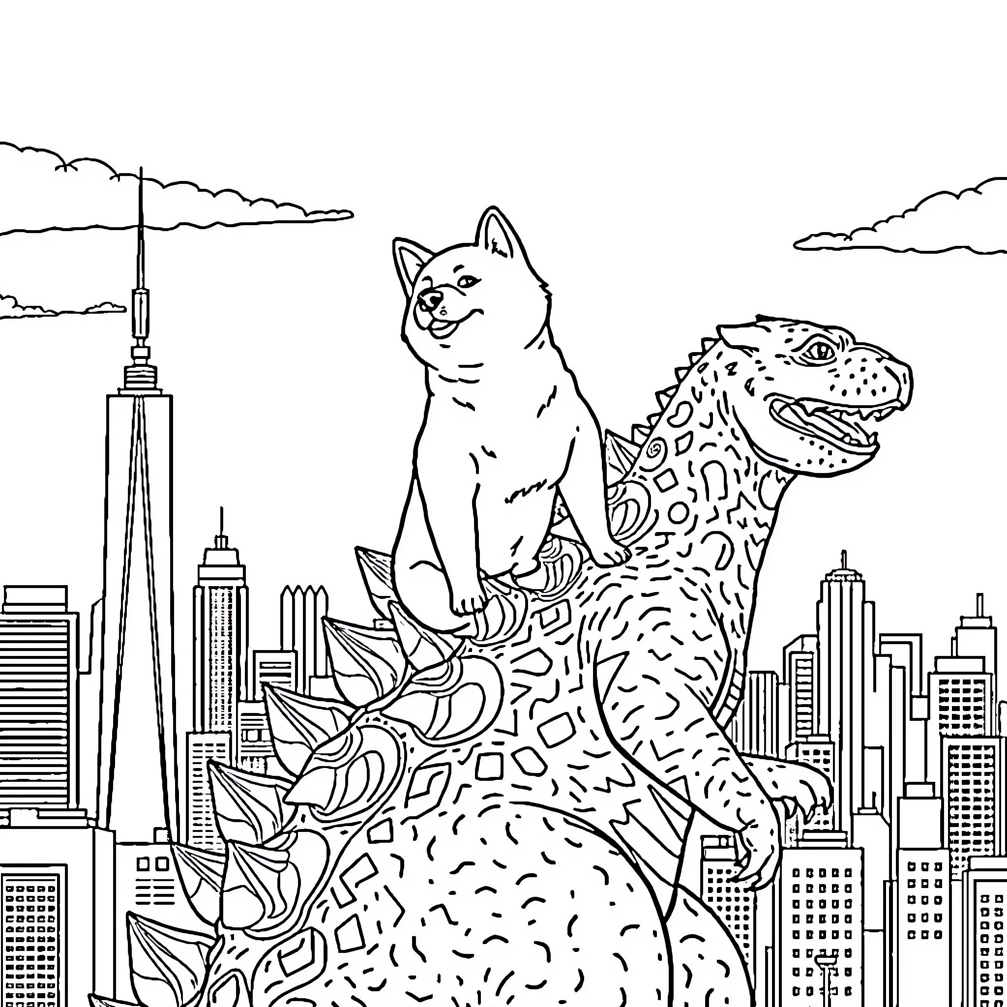 Shiba Inu and Dinosaur Exploring Cityscape Coloring Page (free black-and-white line drawing printable PDF for all, from beginners to advanced learners, including children, teens, adults, and seniors)