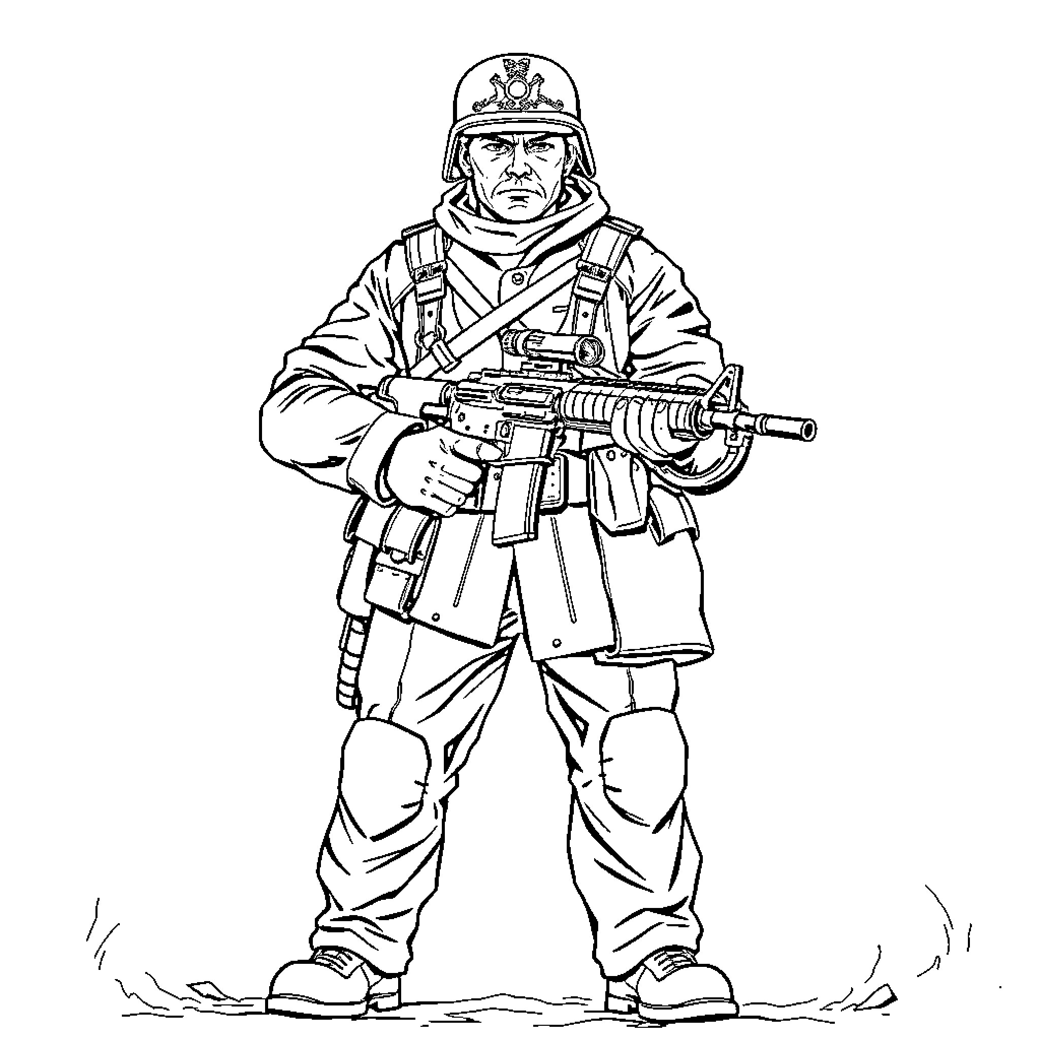 Konig Soldier Armed in Battlefield Gear Coloring Page (free black-and-white line drawing printable PDF for all, from beginners to advanced learners, including children, teens, adults, and seniors)