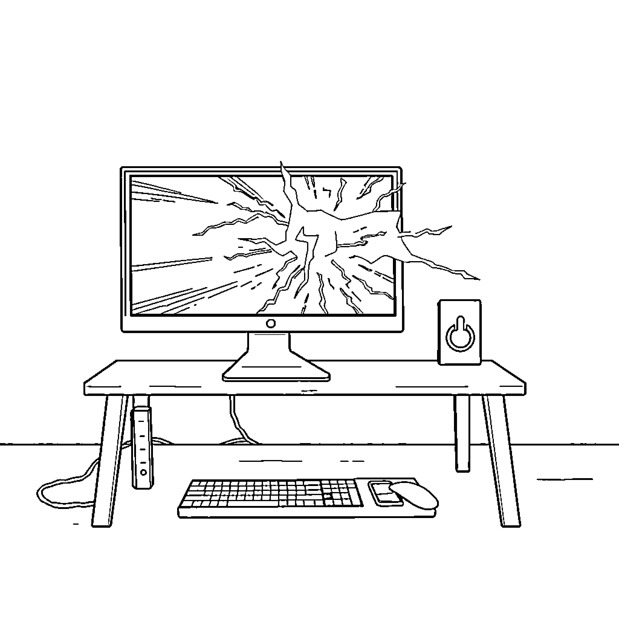 Lightning Bolt Strikes Computer Screen Coloring Page (free black-and-white line drawing printable PDF for all, from beginners to advanced learners, including children, teens, adults, and seniors)