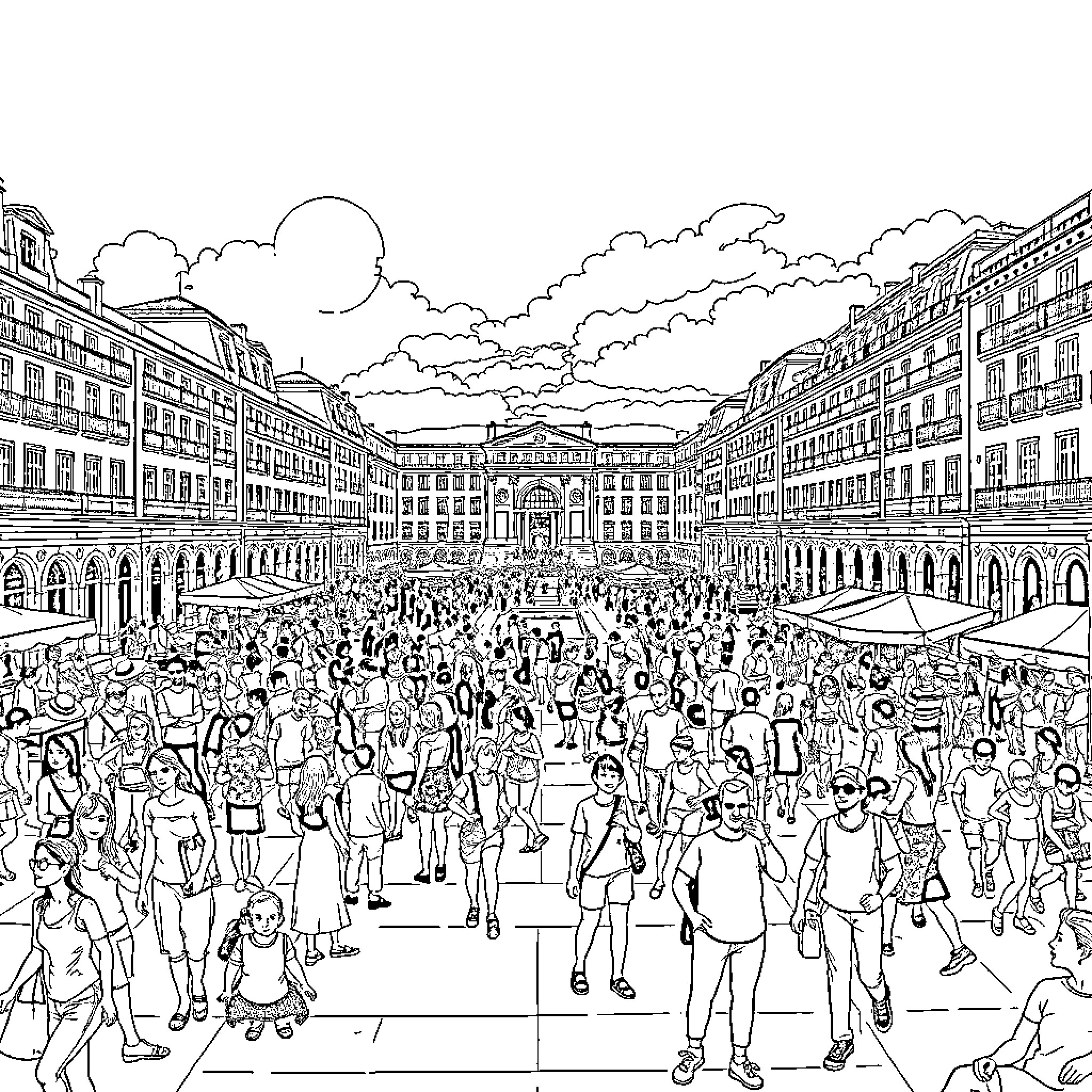 Square bustling with people enjoying outdoor activities Coloring Page (free black-and-white line drawing printable PDF for all, from beginners to advanced learners, including children, teens, adults, and seniors)