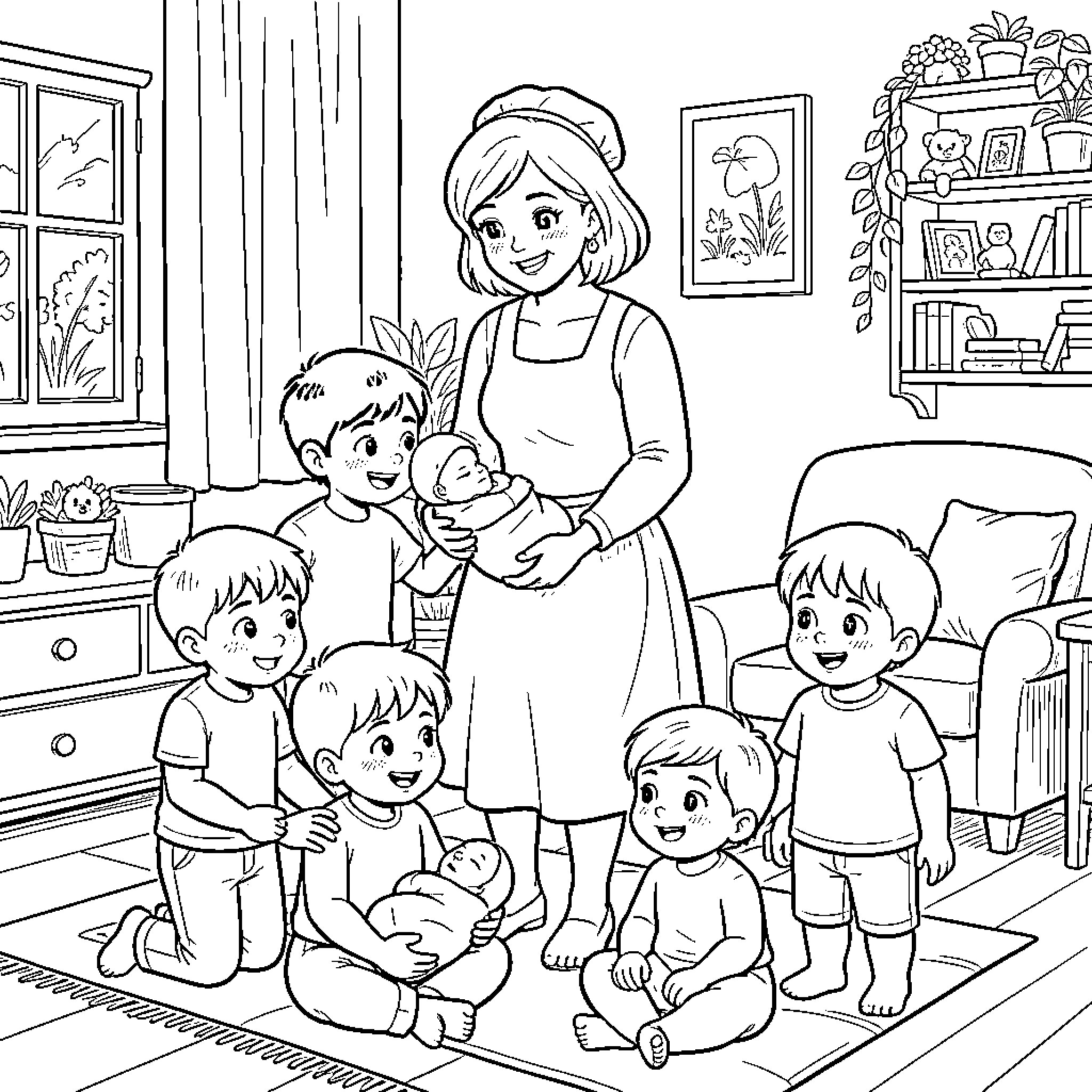 Nanny caring for several small children in a living room Coloring Page (free black-and-white line drawing printable PDF for all, from beginners to advanced learners, including children, teens, adults, and seniors)