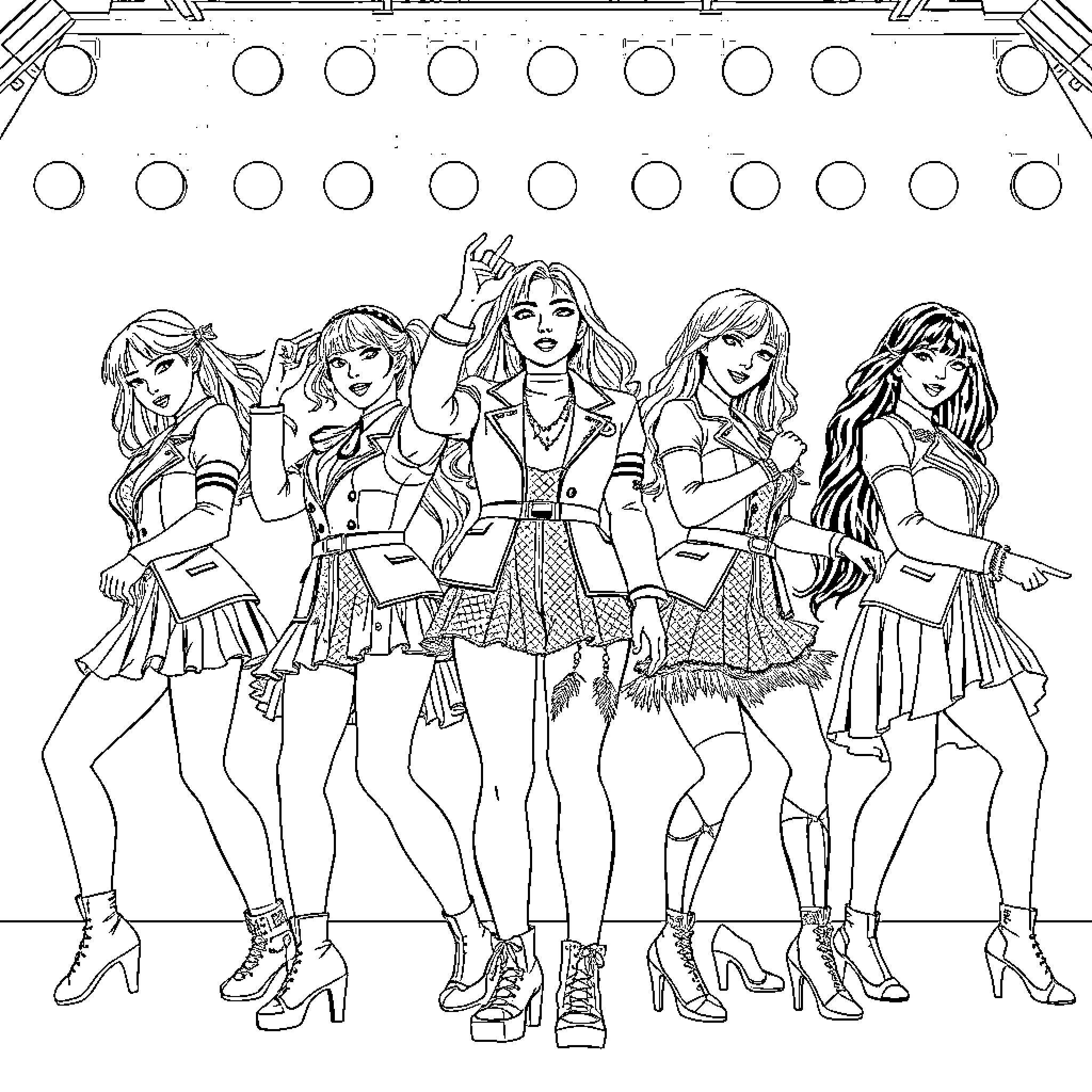 K Pop Warrior Idols Performing on Stage Coloring Page (free black-and-white line drawing printable PDF for all, from beginners to advanced learners, including children, teens, adults, and seniors)