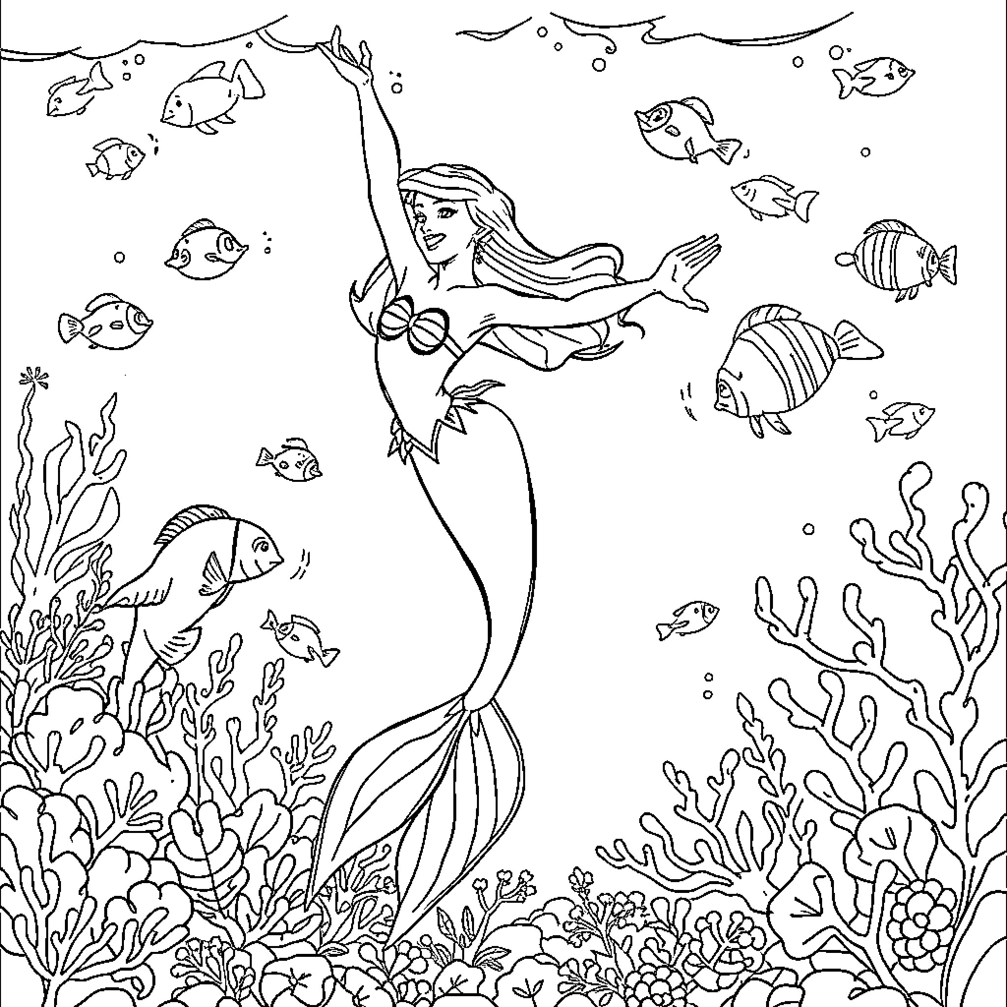 Mermaid dancing gracefully in the underwater garden Coloring Page (free black-and-white line drawing printable PDF for all, from beginners to advanced learners, including children, teens, adults, and seniors)