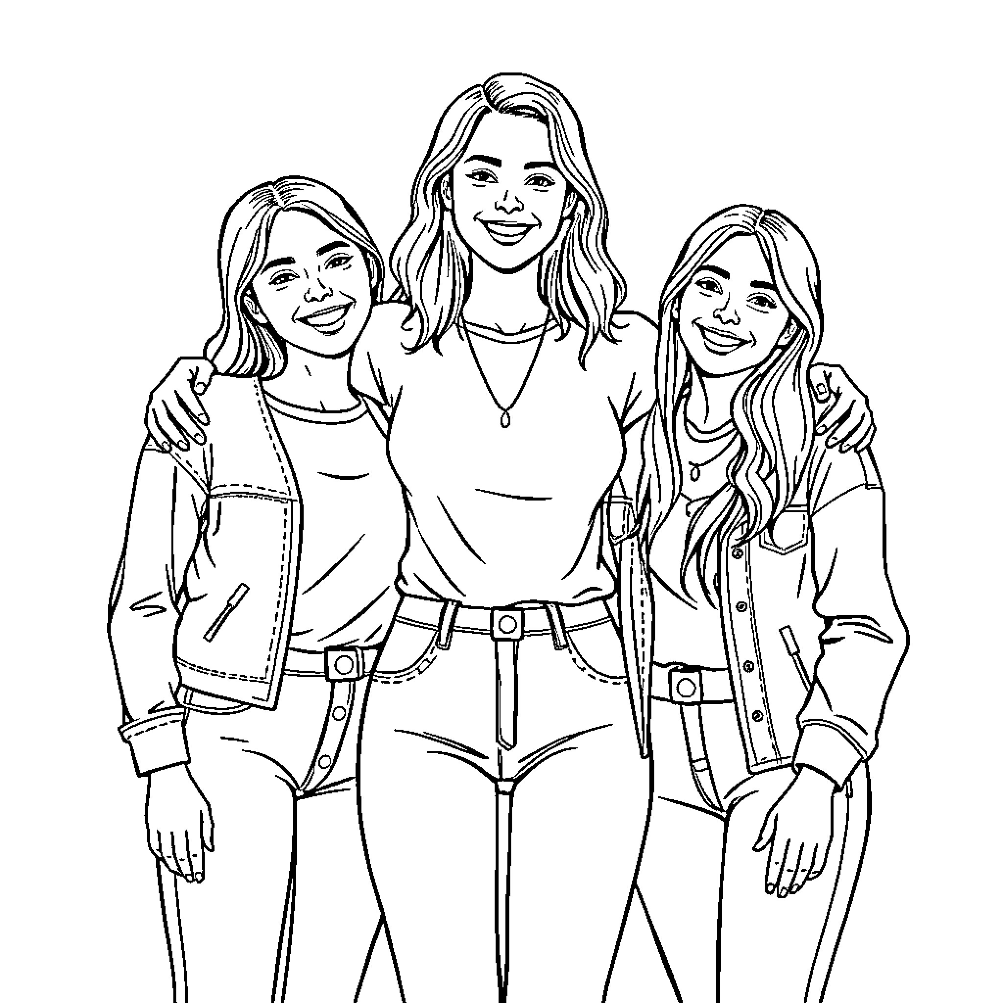 Women posing together in casual attire Coloring Page (free black-and-white line drawing printable PDF for all, from beginners to advanced learners, including children, teens, adults, and seniors)