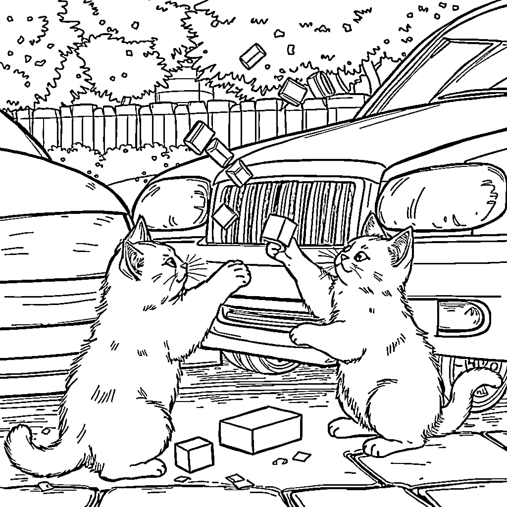 Cats exploring a cluttered car interior Coloring Page (free black-and-white line drawing printable PDF for all, from beginners to advanced learners, including children, teens, adults, and seniors)