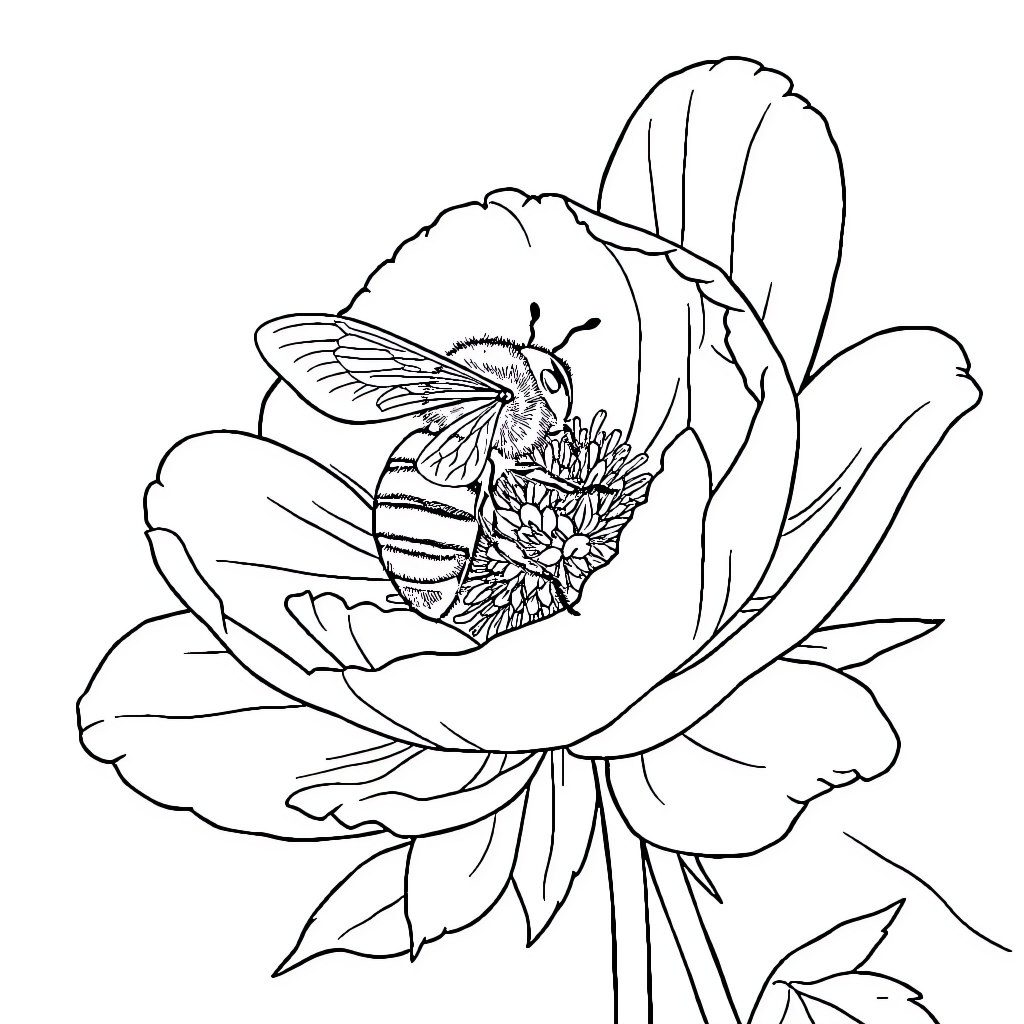 Bee visiting a beautiful peony flower Coloring Page (free black-and-white line drawing printable PDF for all, from beginners to advanced learners, including children, teens, adults, and seniors)