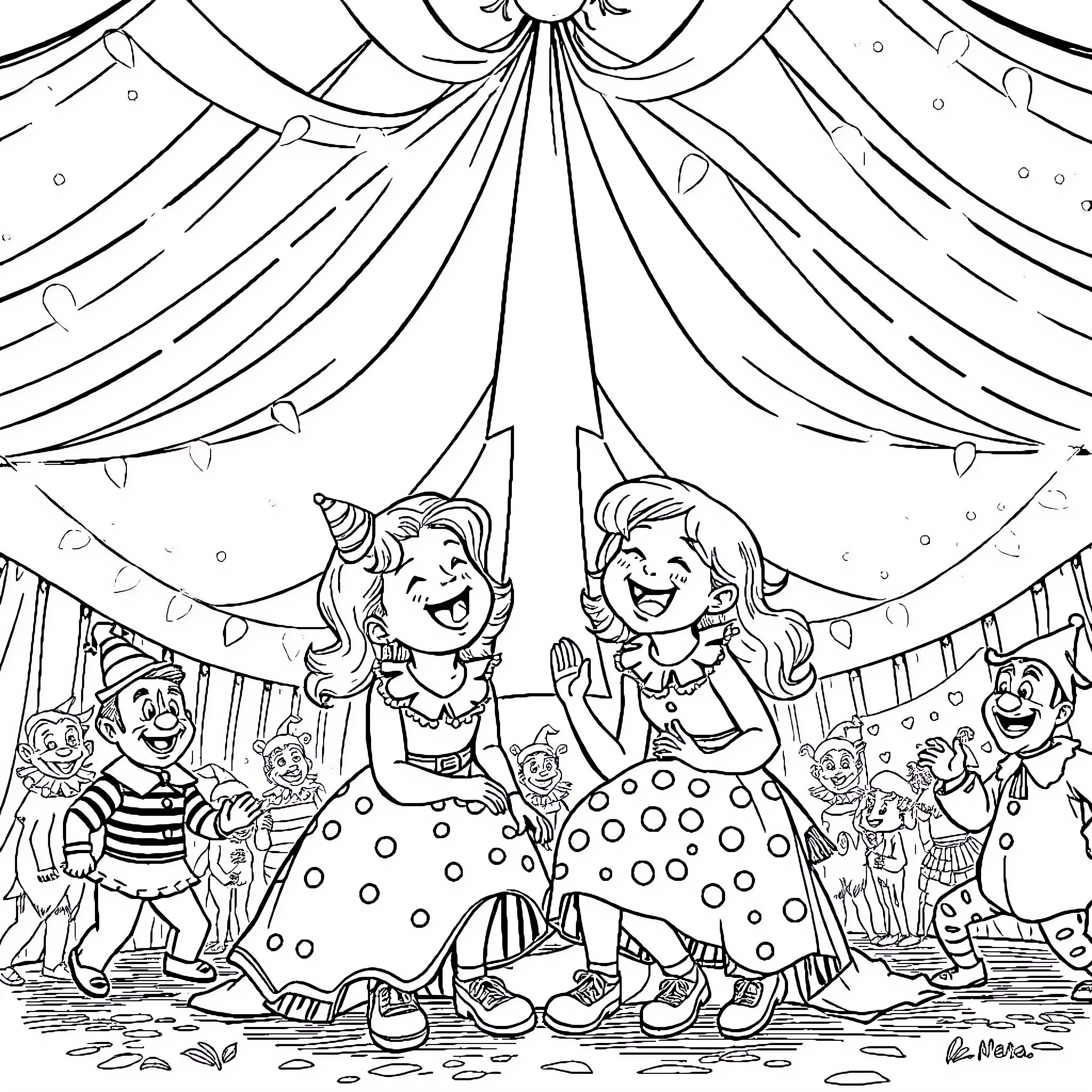 Léna's Circus Celebration Coloring Page (free black-and-white line drawing printable PDF for all, from beginners to advanced learners, including children, teens, adults, and seniors)