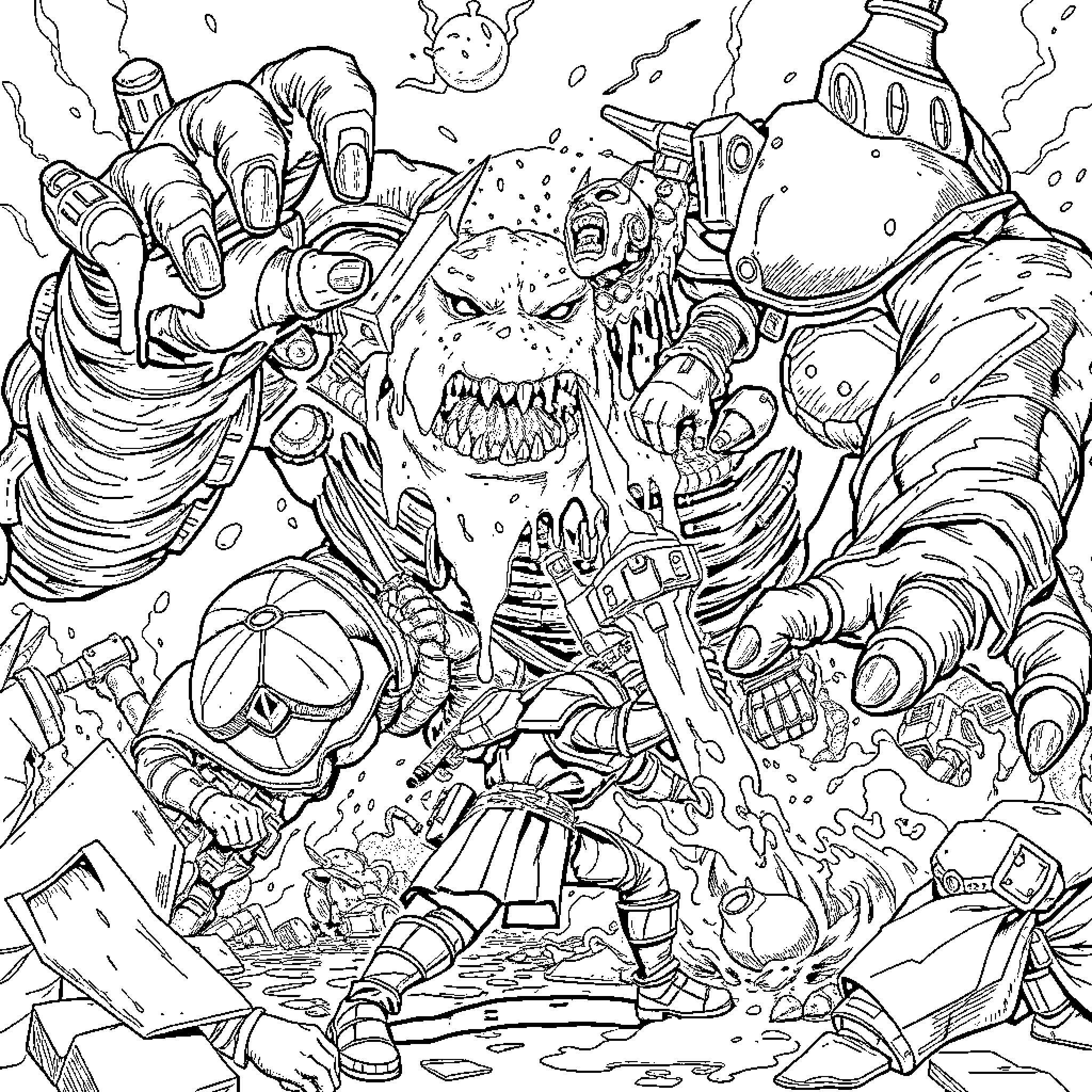 Helldiver battle against monstrous foes in chaotic scene Coloring Page (free black-and-white line drawing printable PDF for all, from beginners to advanced learners, including children, teens, adults, and seniors)