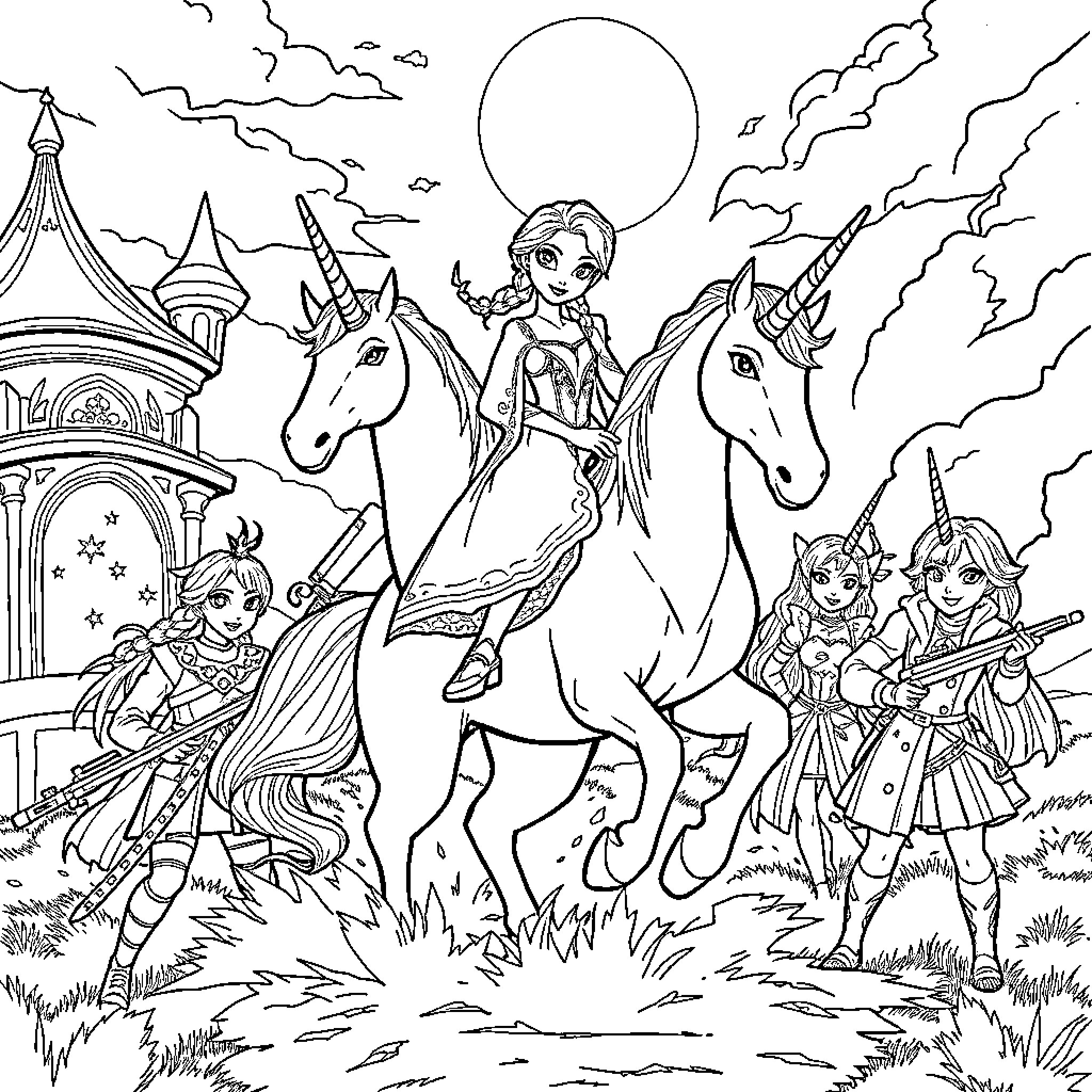 Elsa's Magical Unicorn Adventure Coloring Page (free black-and-white line drawing printable PDF for all, from beginners to advanced learners, including children, teens, adults, and seniors)