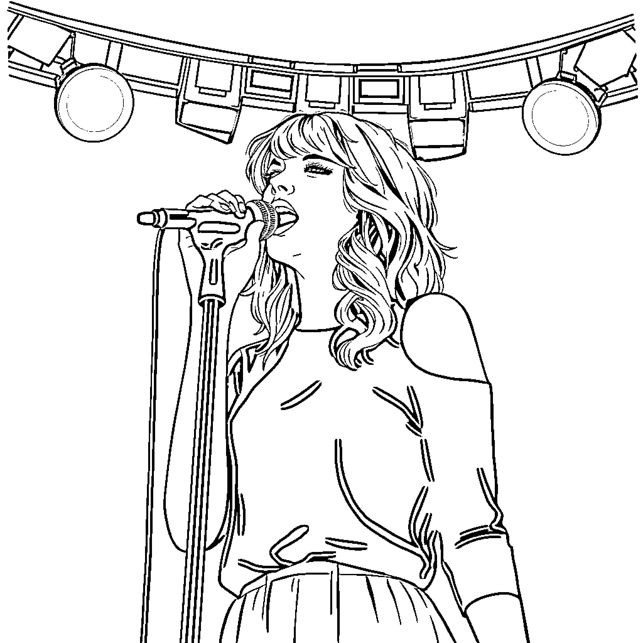 Taylor Swift performing on stage with microphone Coloring Page (free black-and-white line drawing printable PDF for all, from beginners to advanced learners, including children, teens, adults, and seniors)