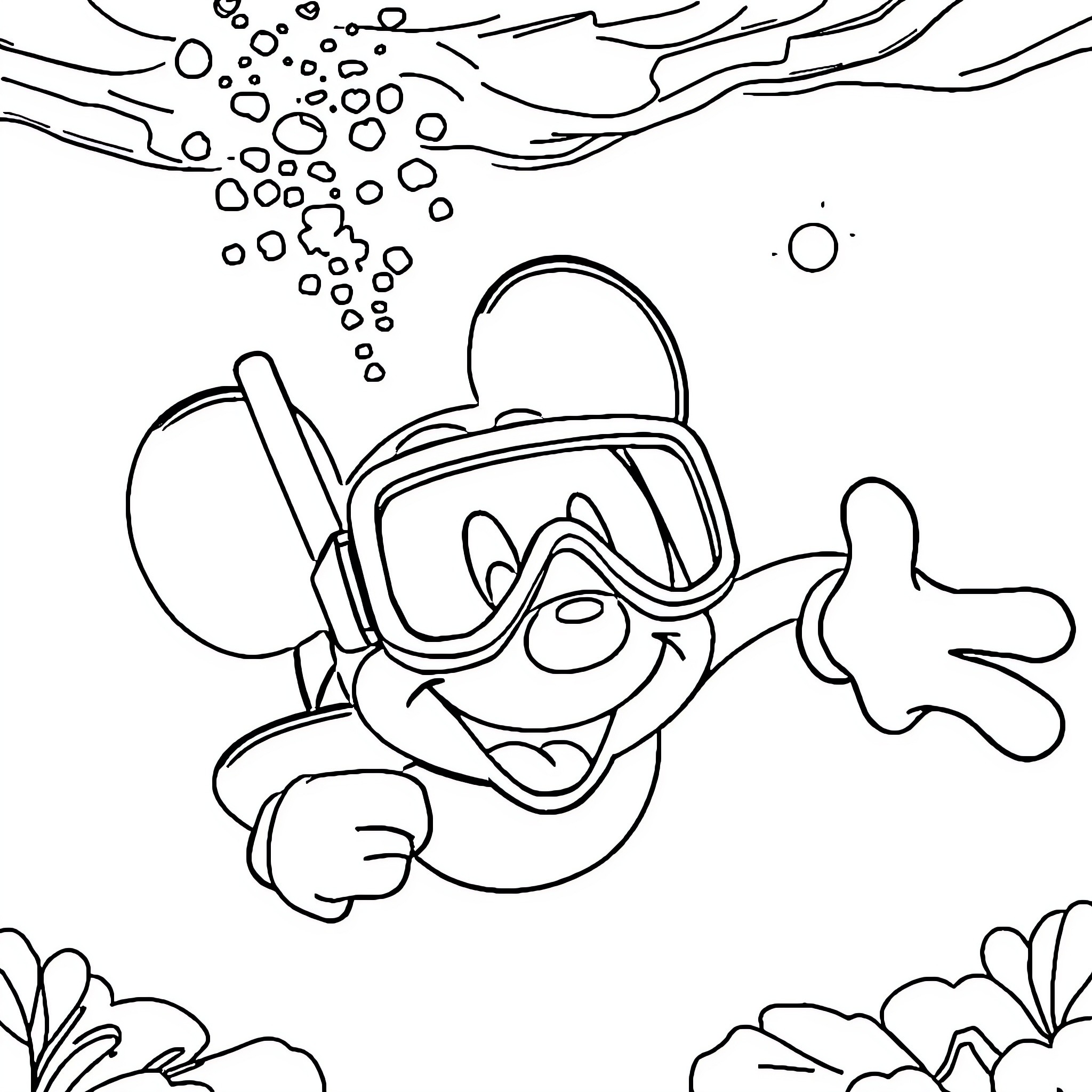 Mickey Mouse snorkeling in the ocean Coloring Page (free black-and-white line drawing printable PDF for all, from beginners to advanced learners, including children, teens, adults, and seniors)