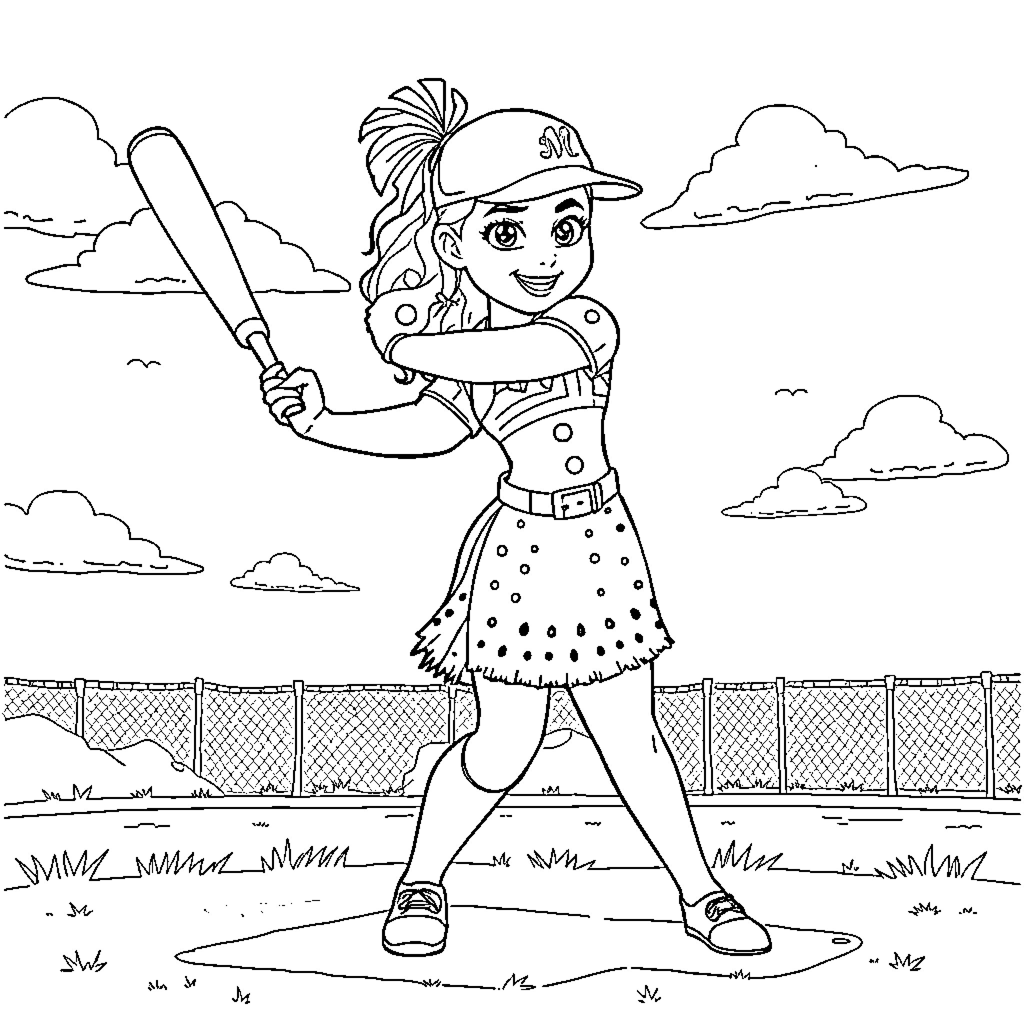 Moana playing baseball outdoors Coloring Page (free black-and-white line drawing printable PDF for all, from beginners to advanced learners, including children, teens, adults, and seniors)