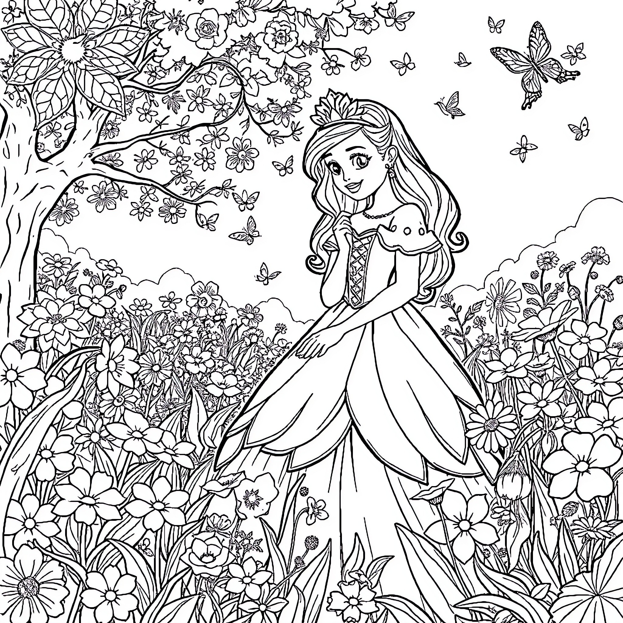 Princess Enjoying a Floral Garden Adventure Coloring Page (free black-and-white line drawing printable PDF for all, from beginners to advanced learners, including children, teens, adults, and seniors)