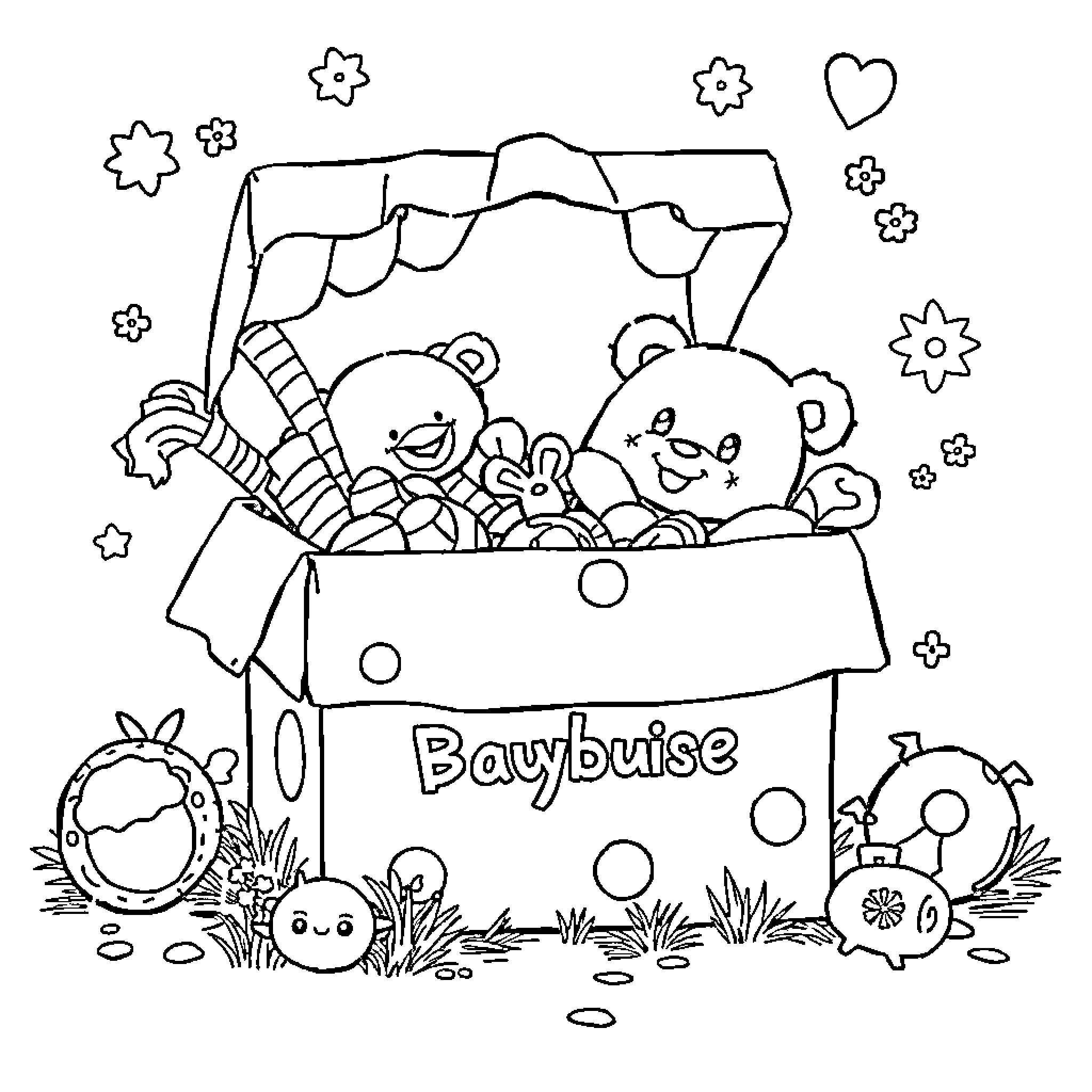 Babybox filled with cute toys and plushies Coloring Page (free black-and-white line drawing printable PDF for all, from beginners to advanced learners, including children, teens, adults, and seniors)