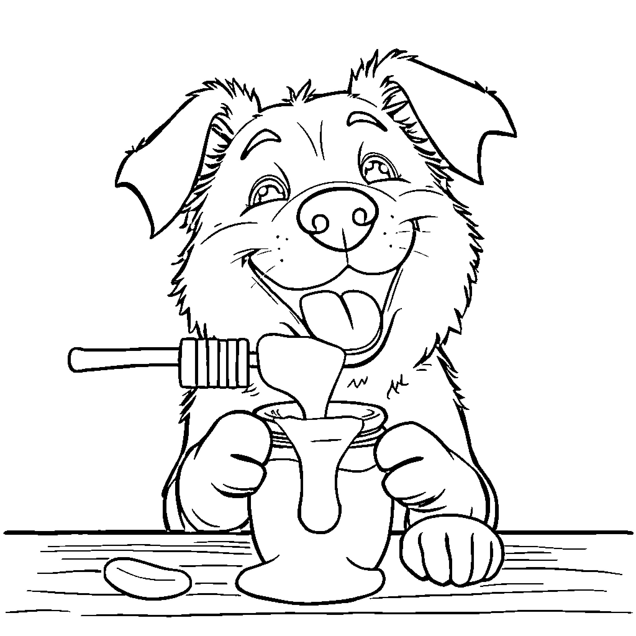 Dog grooming himself with a brush Coloring Page (free black-and-white line drawing printable PDF for all, from beginners to advanced learners, including children, teens, adults, and seniors)