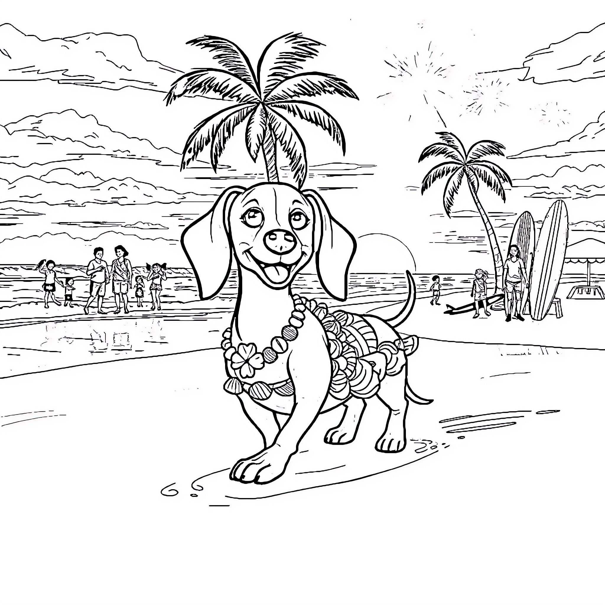 Dachshund enjoying a beach vacation Coloring Page (free black-and-white line drawing printable PDF for all, from beginners to advanced learners, including children, teens, adults, and seniors)