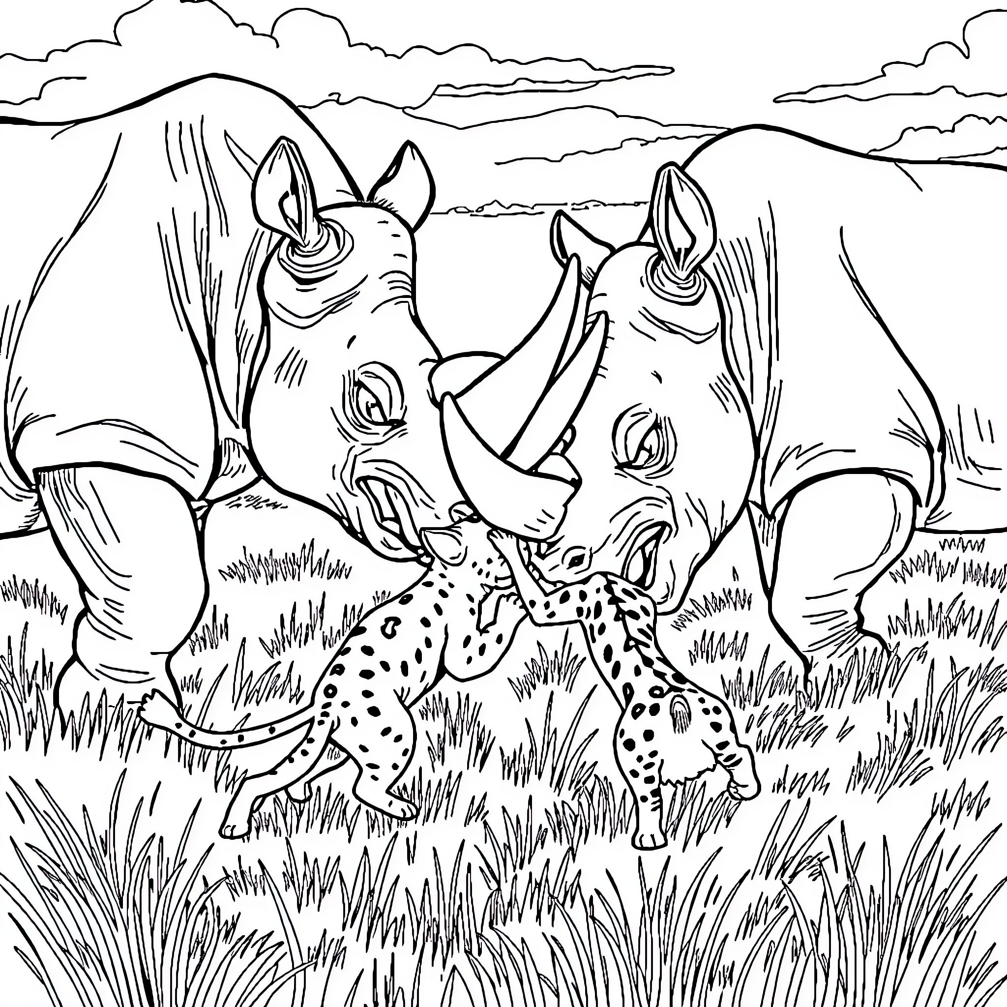 Cat rhinos interacting in the wild Coloring Page (free black-and-white line drawing printable PDF for all, from beginners to advanced learners, including children, teens, adults, and seniors)